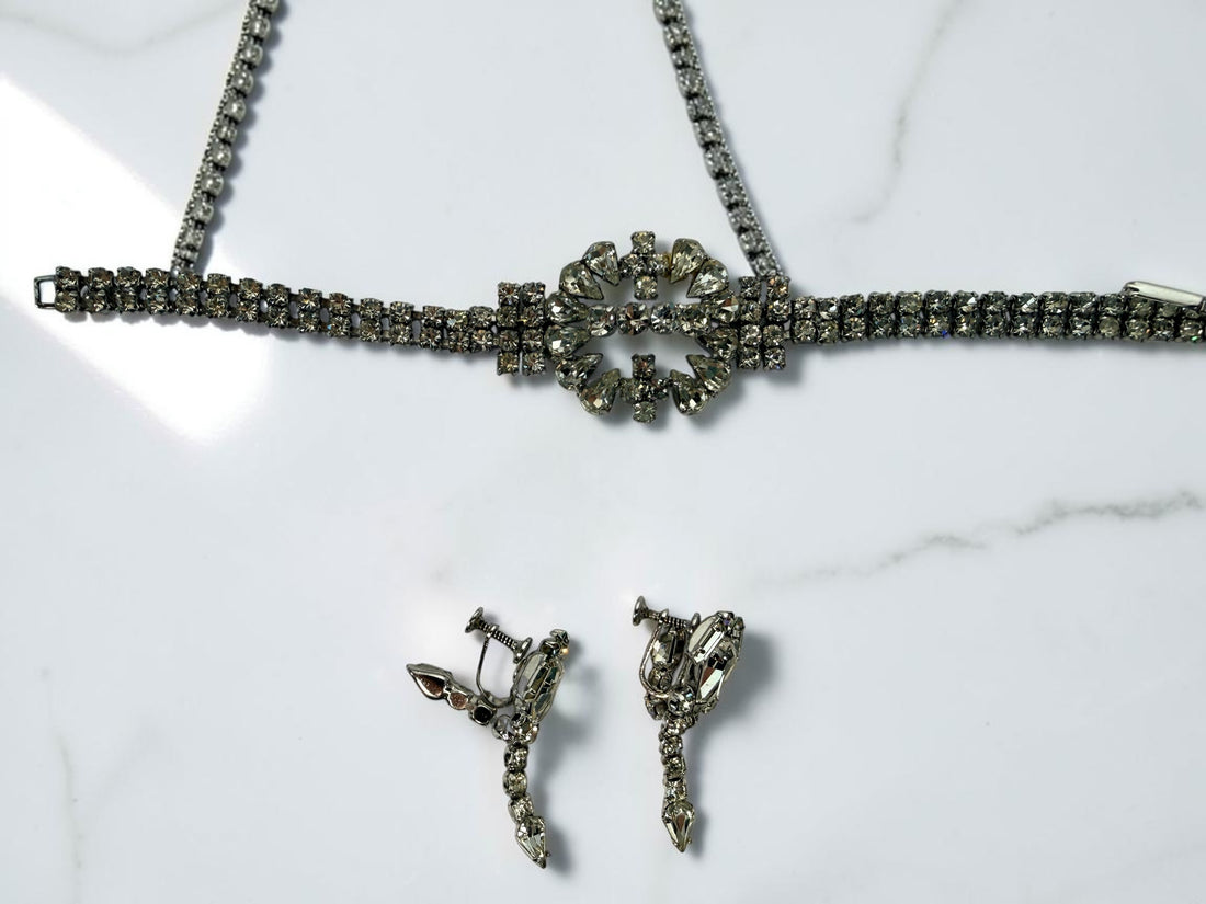Vintage Jay Flex sterling silver rhinestone parure with necklace, bracelet and screw-back earrings. Rare 1940s–50s Canadian 3-piece jewellery set.