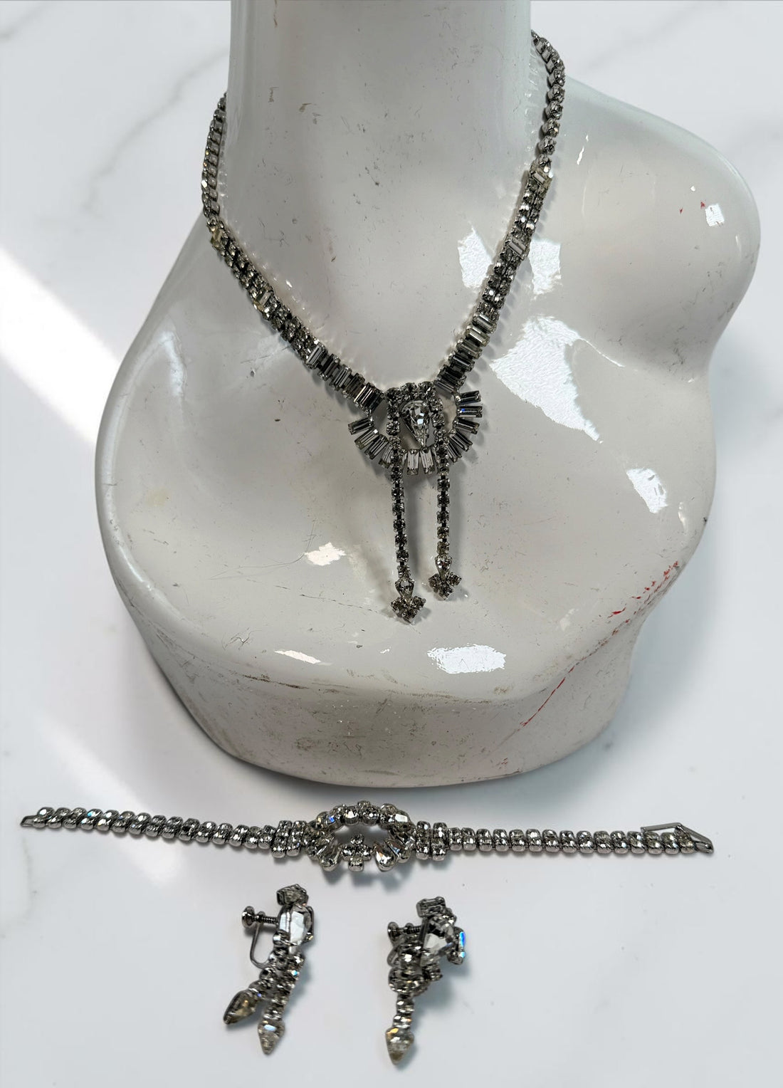 Vintage Jay Flex sterling silver rhinestone parure with necklace, bracelet and screw-back earrings. Rare 1940s–50s Canadian 3-piece jewellery set.