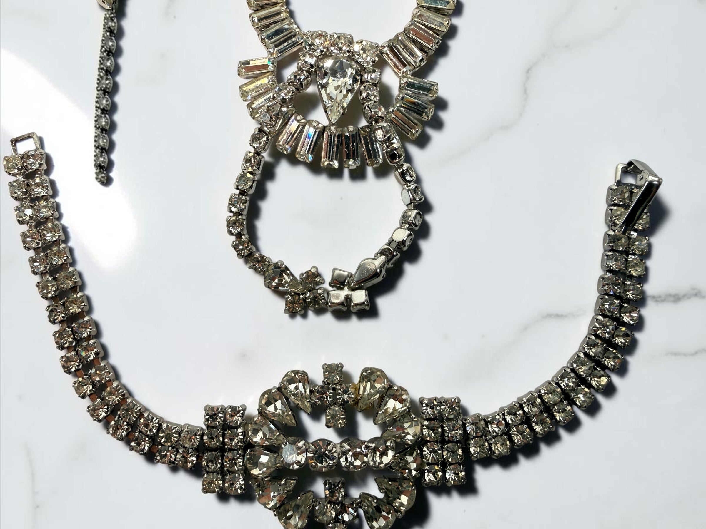 Vintage Jay Flex sterling silver rhinestone parure with necklace, bracelet and screw-back earrings. Rare 1940s–50s Canadian 3-piece jewellery set.