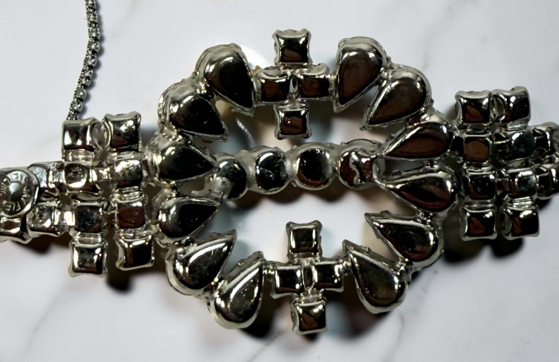Vintage Jay Flex sterling silver rhinestone parure with necklace, bracelet and screw-back earrings. Rare 1940s–50s Canadian 3-piece jewellery set.