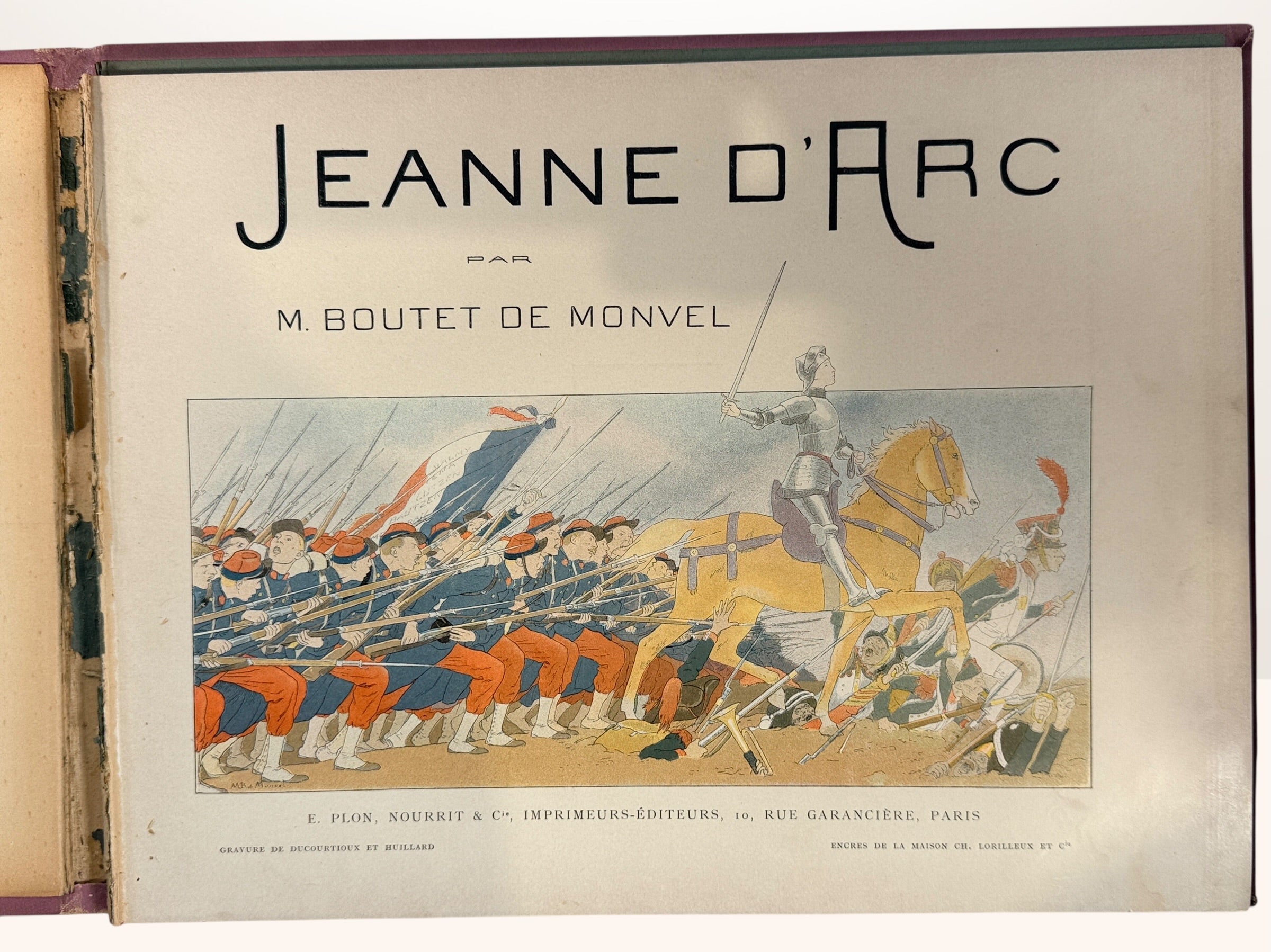 1907 Joan of Arc illustrated book by Boutet de Monvel. Antique hardcover with color lithographs, collectible historical art book with decorative cover.