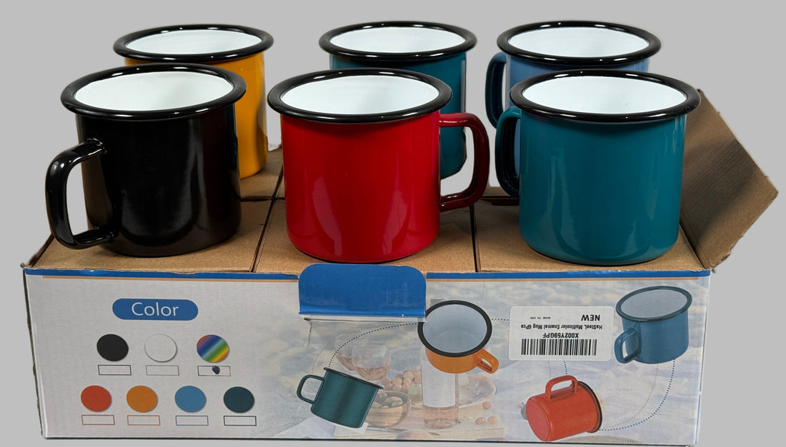 Ensemble de 6 tasses de camping colorées en émail rétro