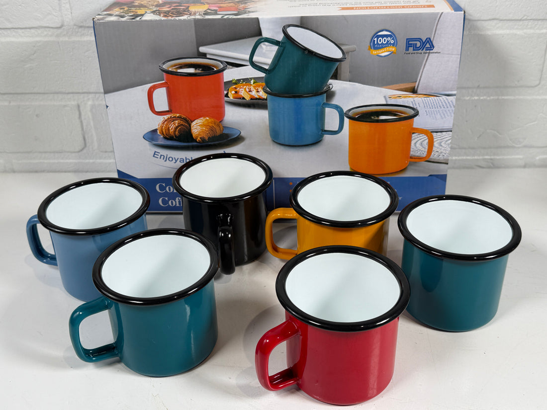 Ensemble de 6 tasses de camping colorées en émail rétro