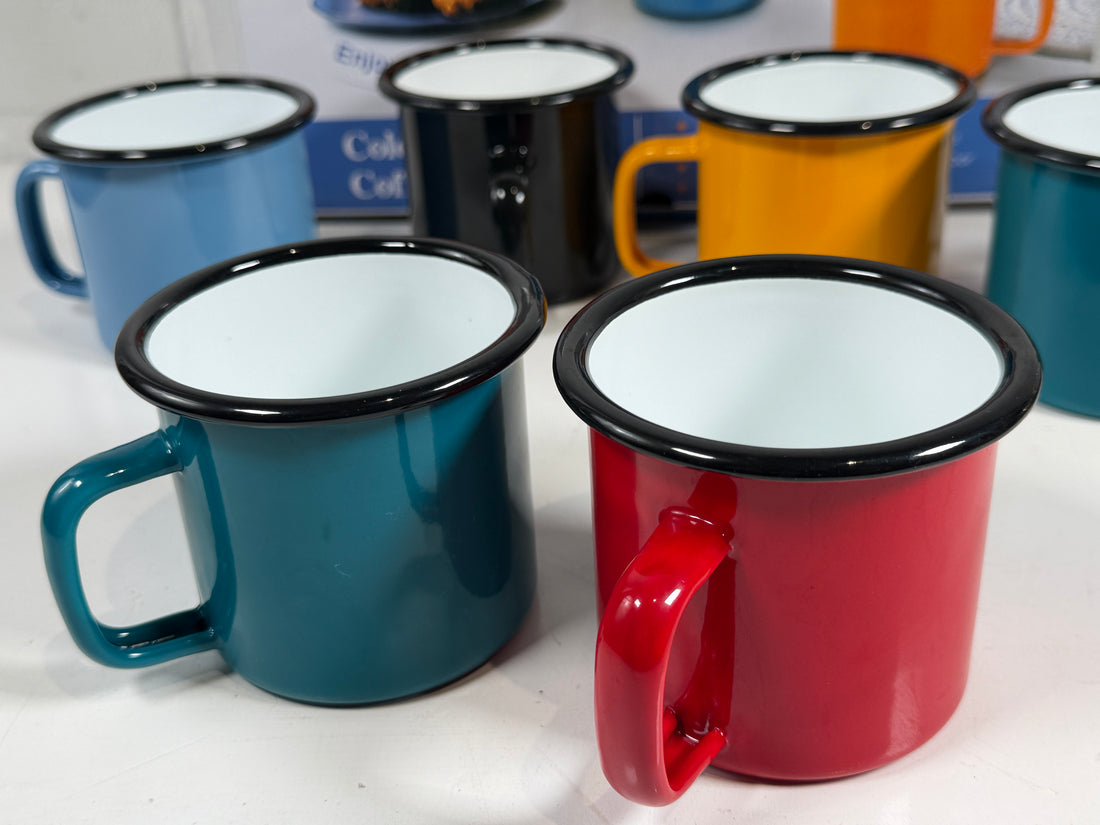 Ensemble de 6 tasses de camping colorées en émail rétro