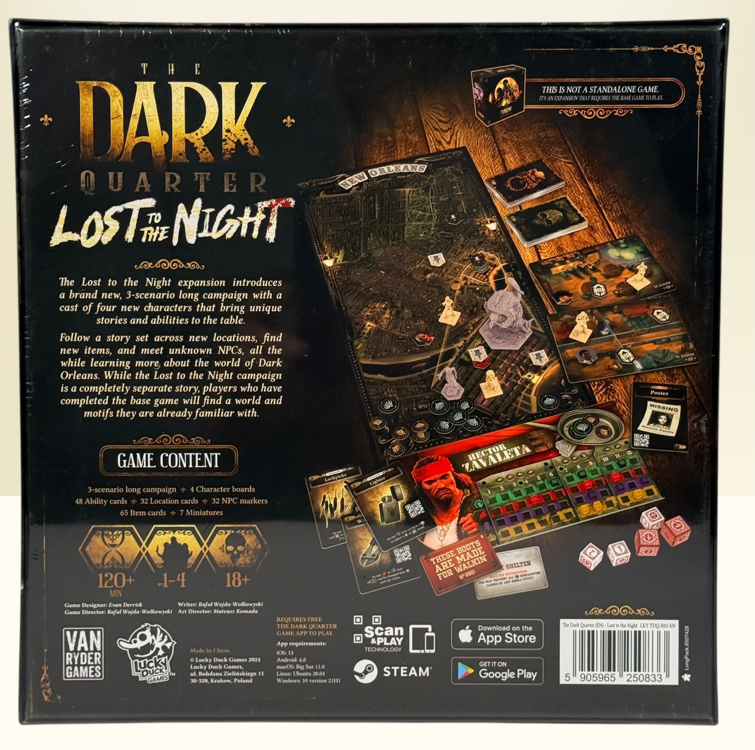 Sealed Dark Quarter Lost To The Night board game expansion. Narrative horror tabletop campaign add-on for collectors and gamers. Expansion requires base game.
