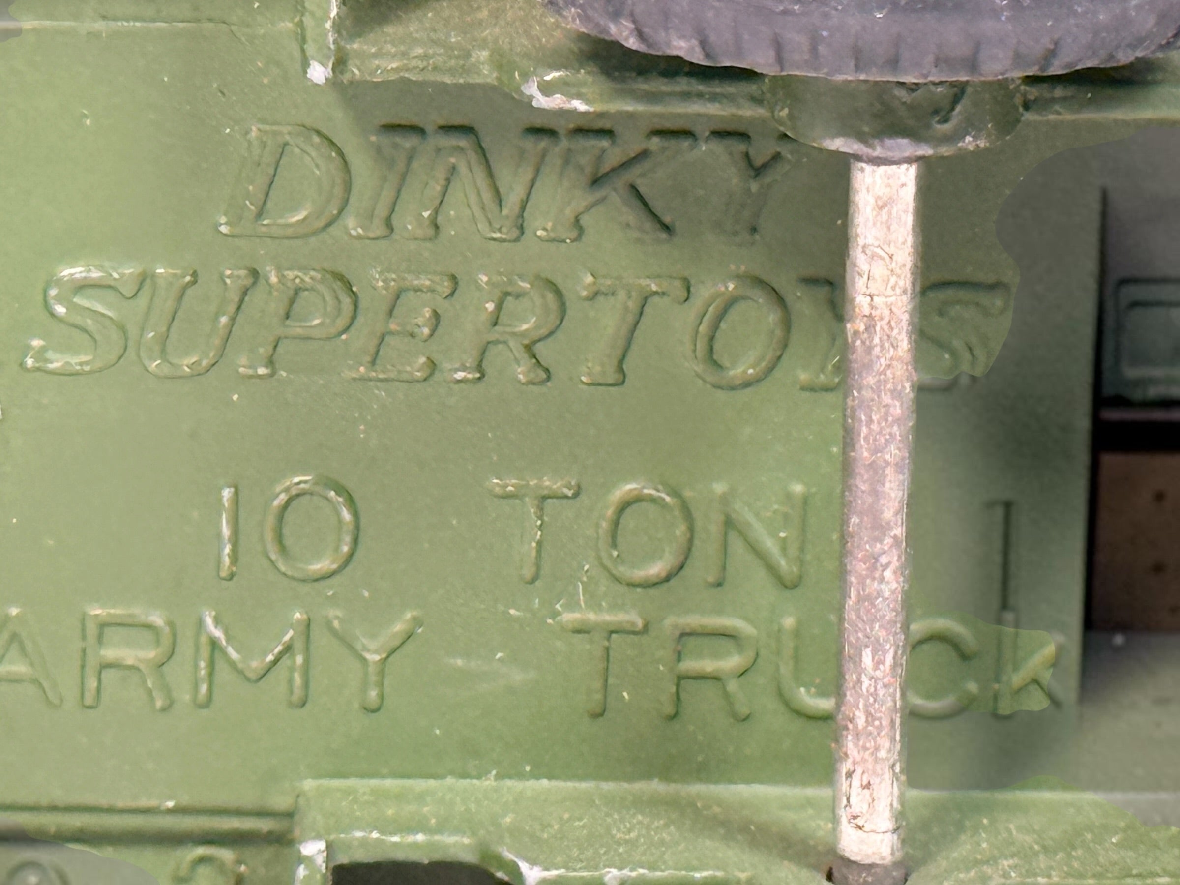 Vintage Dinky Supertoys No. 622 10-Ton Army Truck by Meccano England, with removable canopy, driver, spare wheel and authentic original wear.