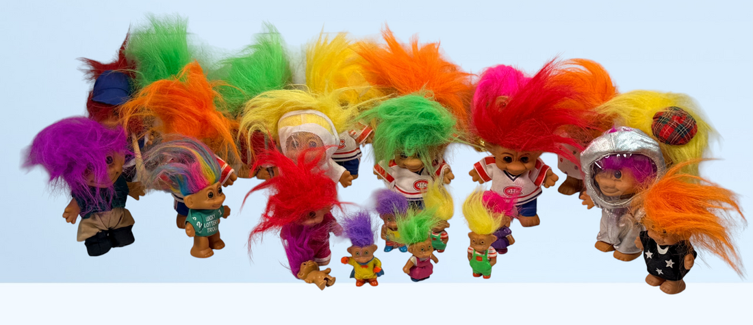 Vintage Troll doll collection with Canadiens, Expos, Patrick Roy, Kirk Muller, Russ Trolls and assorted sports and character figures.