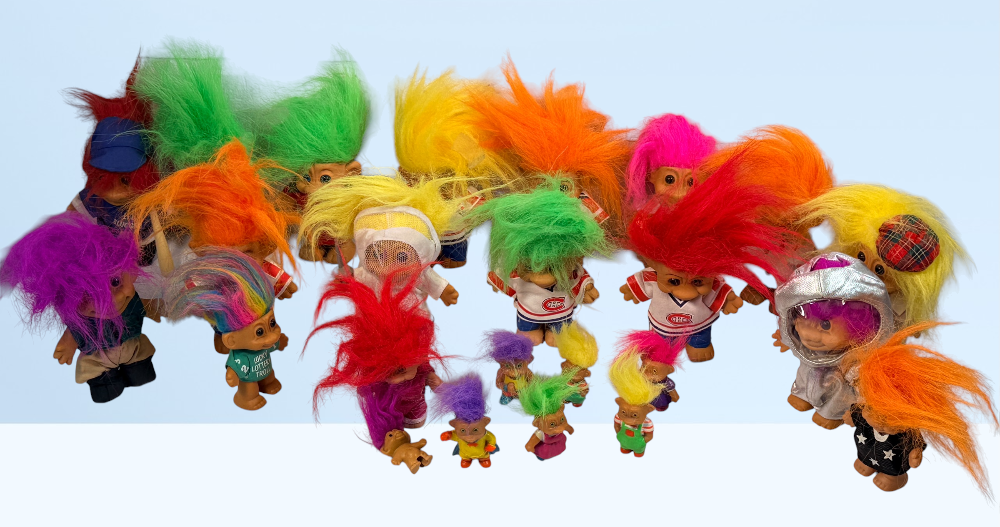 Vintage Troll doll collection with Canadiens, Expos, Patrick Roy, Kirk Muller, Russ Trolls and assorted sports and character figures.