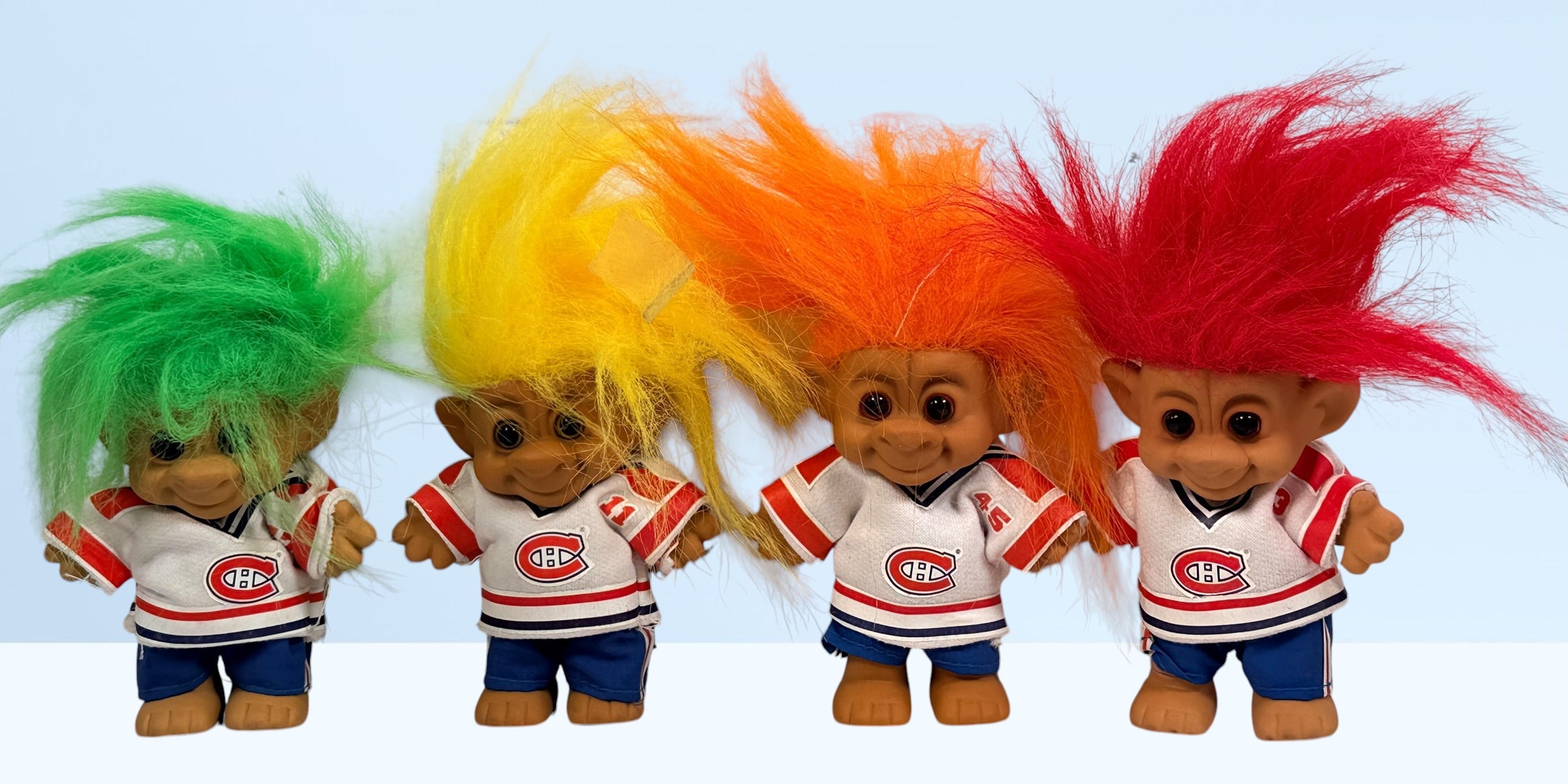 Vintage Troll doll collection with Canadiens, Expos, Patrick Roy, Kirk Muller, Russ Trolls and assorted sports and character figures.