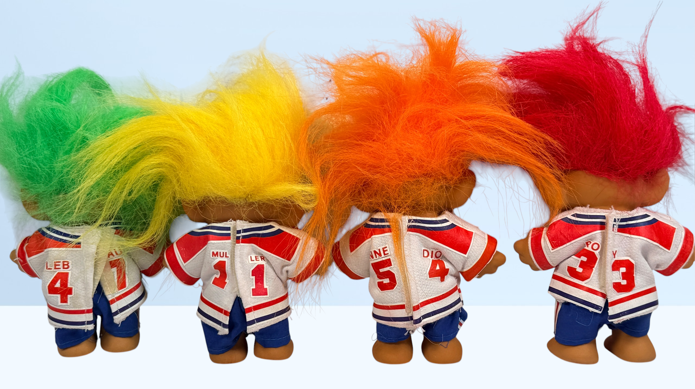 Vintage Troll doll collection with Canadiens, Expos, Patrick Roy, Kirk Muller, Russ Trolls and assorted sports and character figures.
