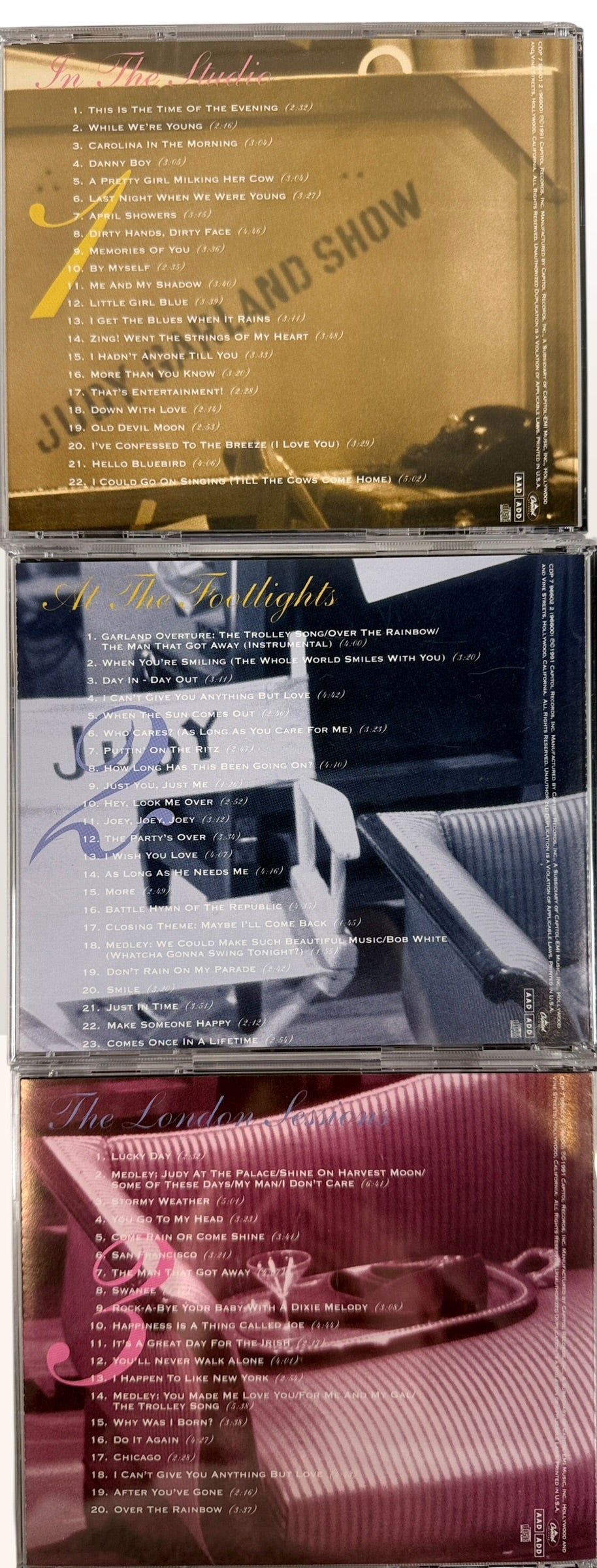 Vintage Judy Garland 3-CD box set Capitol Masters collection with classic studio and live recordings. Complete set with box, great nostalgic music gift.