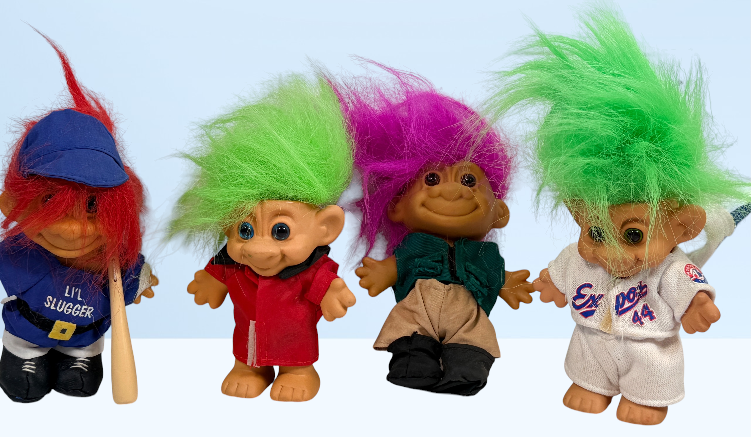 Vintage Troll doll collection with Canadiens, Expos, Patrick Roy, Kirk Muller, Russ Trolls and assorted sports and character figures.
