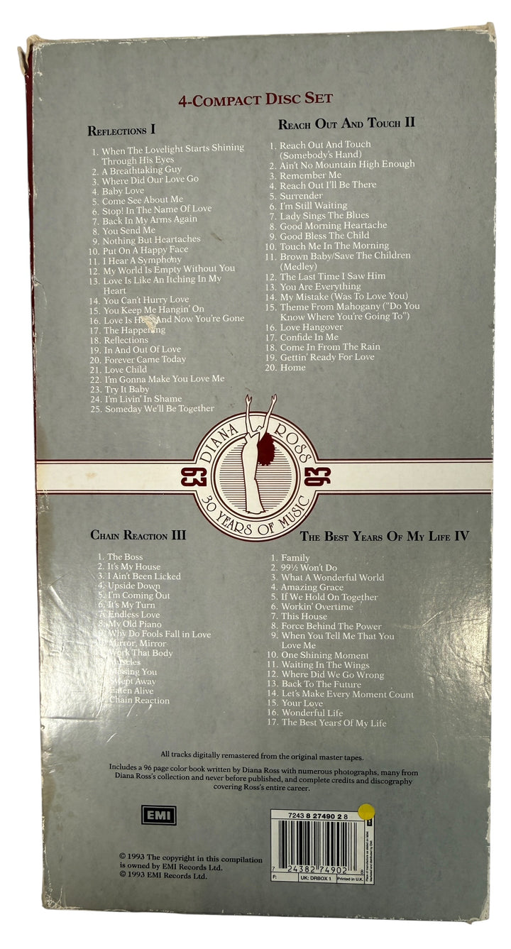 Vintage Diana Ross Musical Memoirs 4CD box set EMI 1993 complete with booklet and slipcase. Motown soul pop retrospective collectible music CD set.