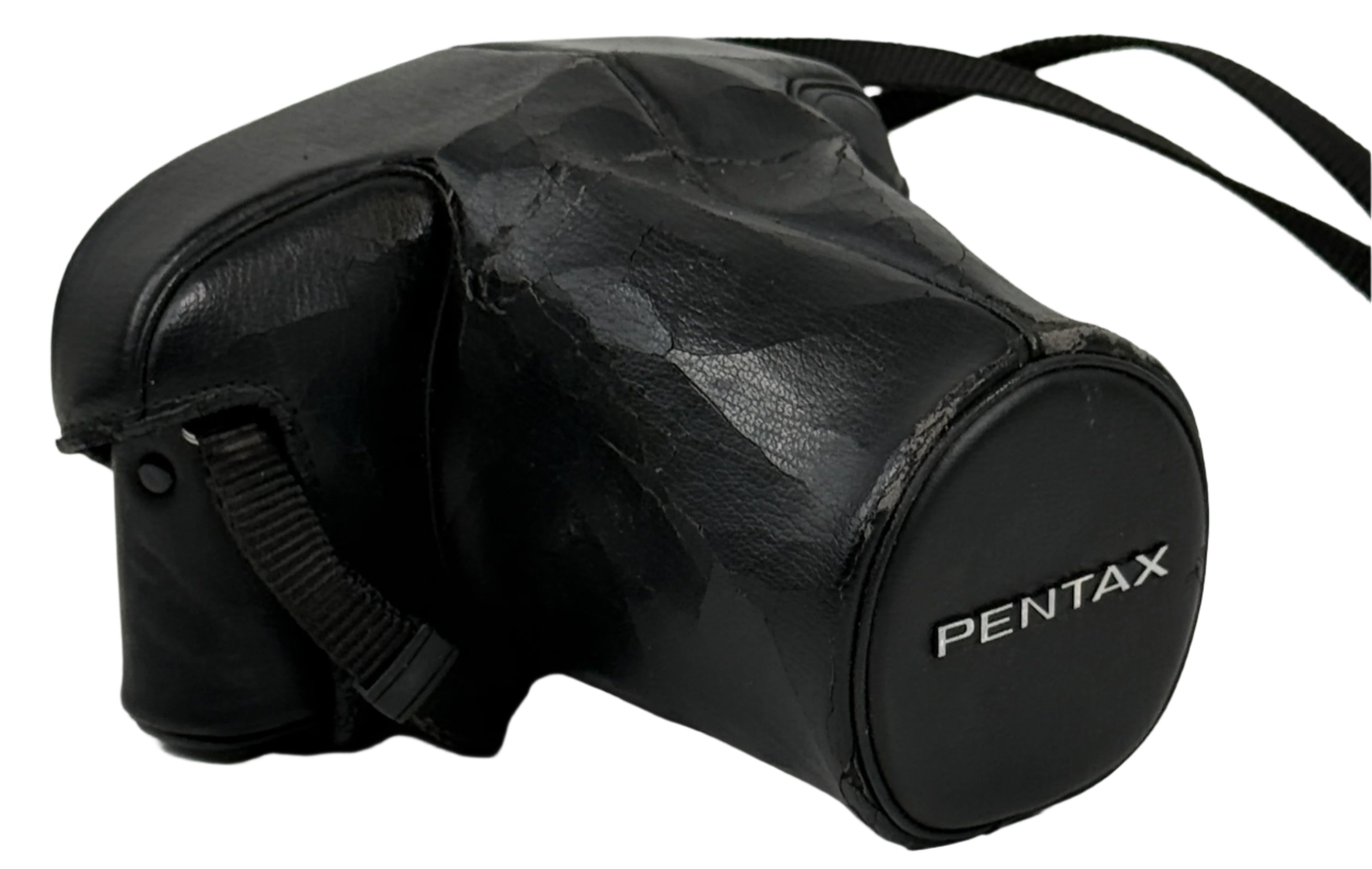Black Pentax camera case on a light gray background