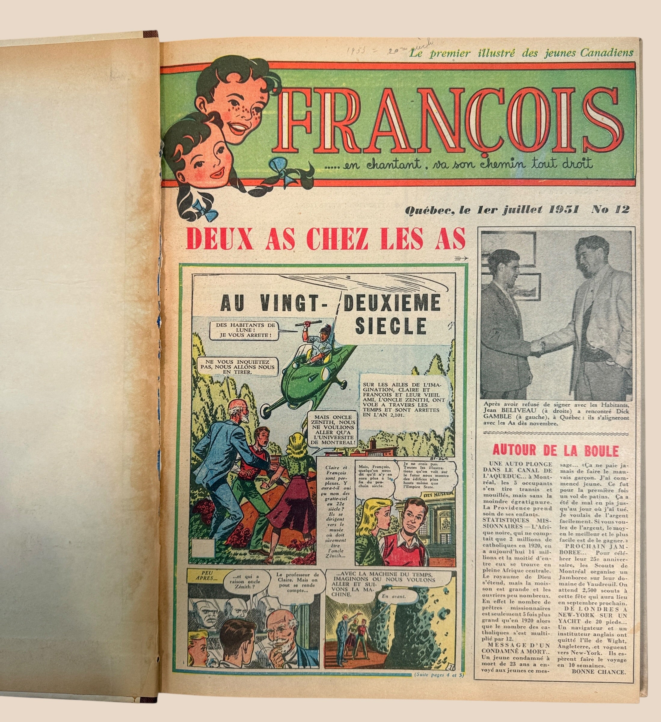 Vintage 1951 François Album No. 12 from Quebec, featuring French-Canadian comics, Maurice Richard, Jean Béliveau, history, sports and period illustrations.