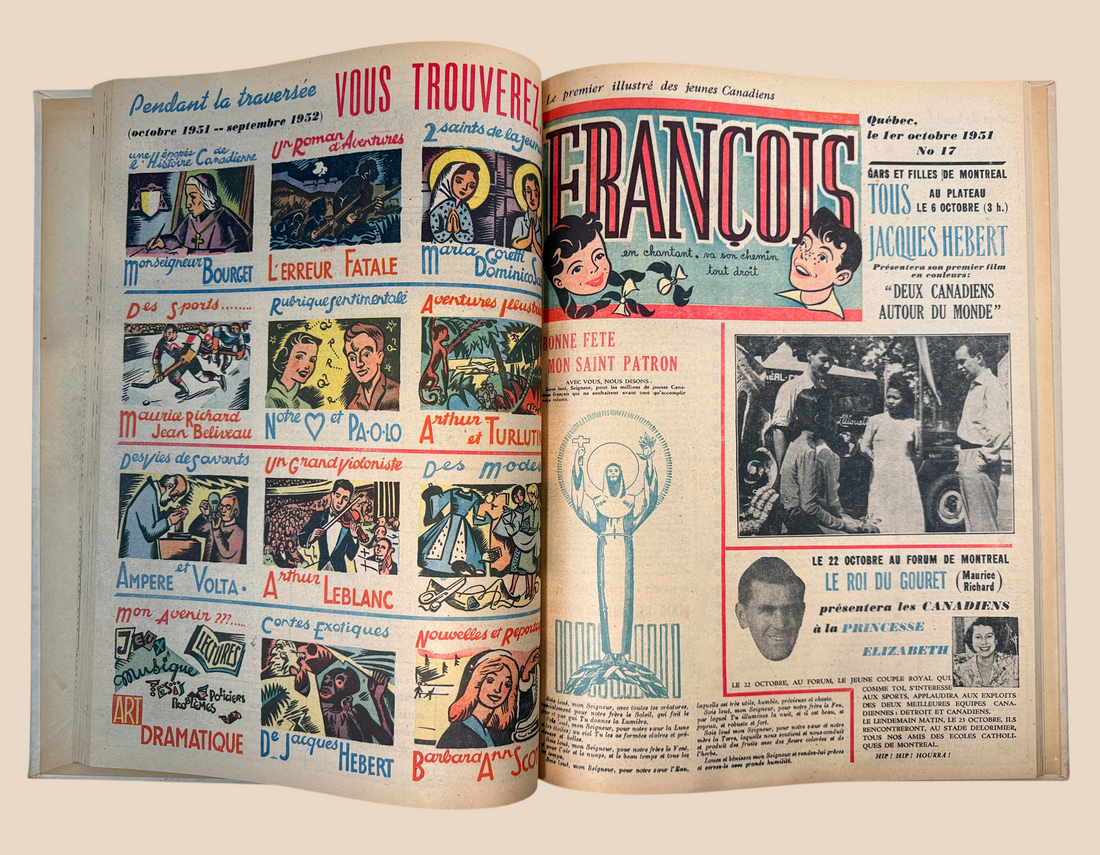 Vintage 1951 François Album No. 12 from Quebec, featuring French-Canadian comics, Maurice Richard, Jean Béliveau, history, sports and period illustrations.