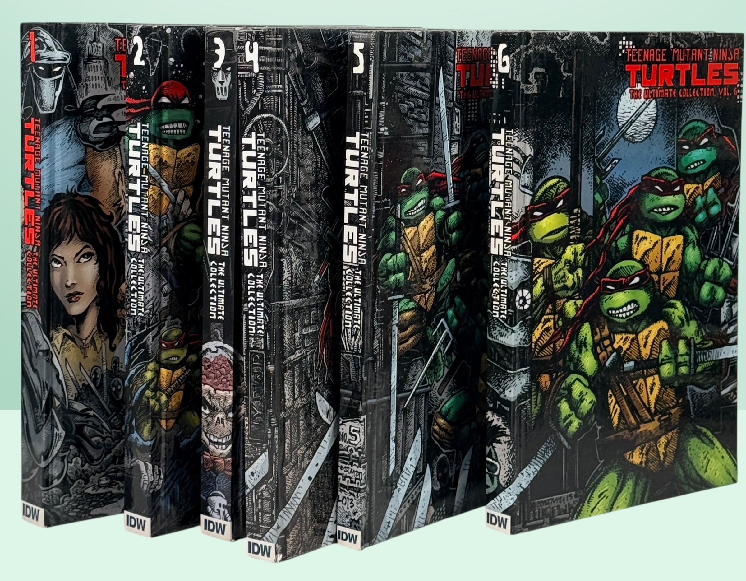 Teenage Mutant Ninja Turtles Ultimate Collection Vol 1–6 hardcover set. Complete IDW TMNT Mirage comics collection, collectible graphic novels in excellent condition.