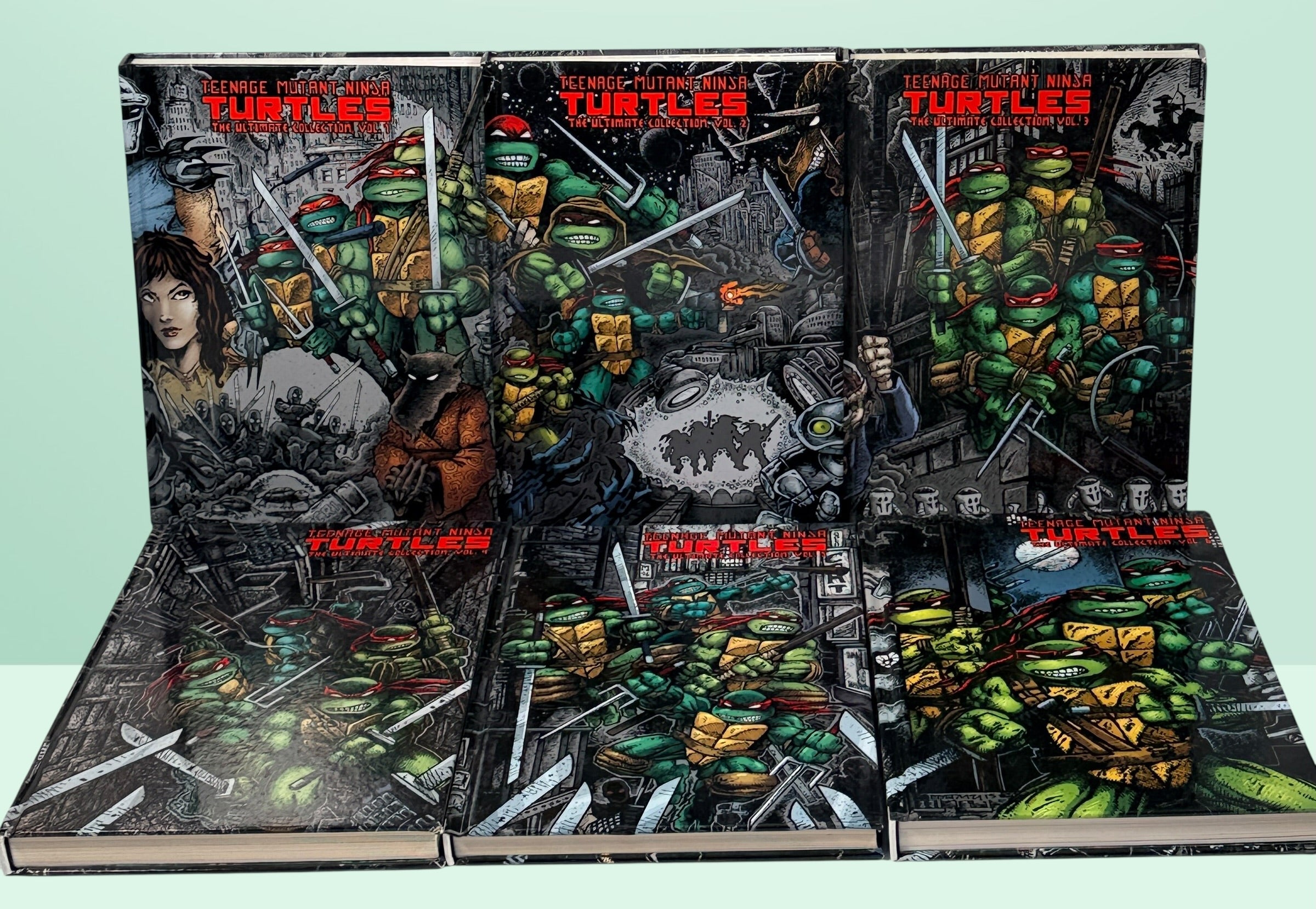 Teenage Mutant Ninja Turtles Ultimate Collection Vol 1–6 hardcover set. Complete IDW TMNT Mirage comics collection, collectible graphic novels in excellent condition.