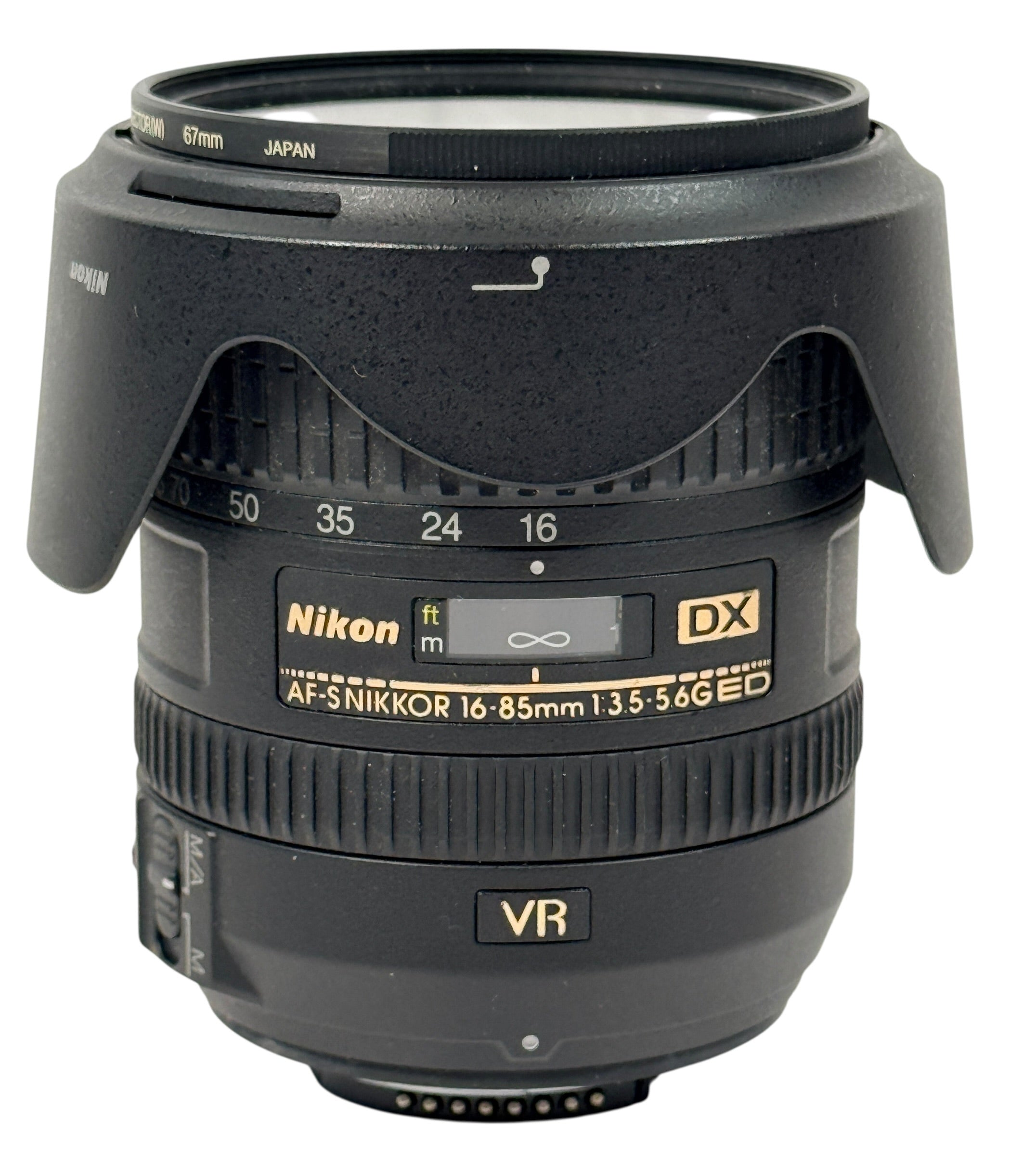 Nikon AF-S DX 16-85mm VR zoom lens for Nikon DSLR cameras. Stabilized versatile lens with strong resale demand, sharp optics, and reliable autofocus performance.