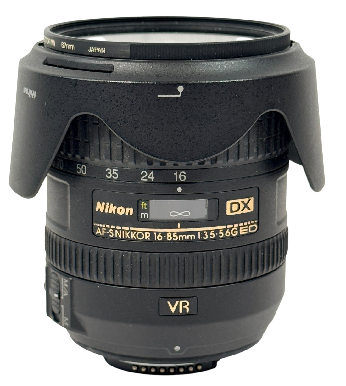 Nikon AF-S DX 16-85mm VR zoom lens for Nikon DSLR cameras. Stabilized versatile lens with strong resale demand, sharp optics, and reliable autofocus performance.