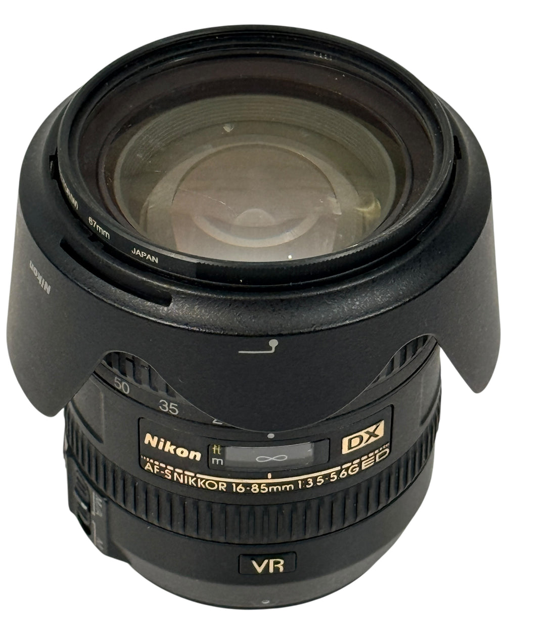 Nikon AF-S DX 16-85mm VR zoom lens for Nikon DSLR cameras. Stabilized versatile lens with strong resale demand, sharp optics, and reliable autofocus performance.