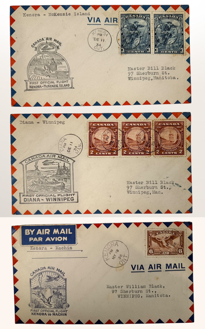 Set of three sealed 1930s Canadian first flight airmail covers, Ontario aviation postal history collectibles with original stamps, cancels and cachets.