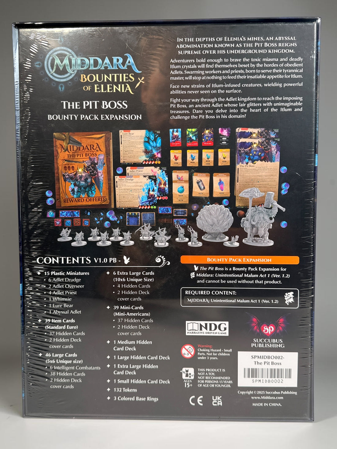 Factory-sealed Middara The Pit Boss Bounties of Elenia expansion by Succubus Publishing, with 15 miniatures, cards and tokens. New and sealed.