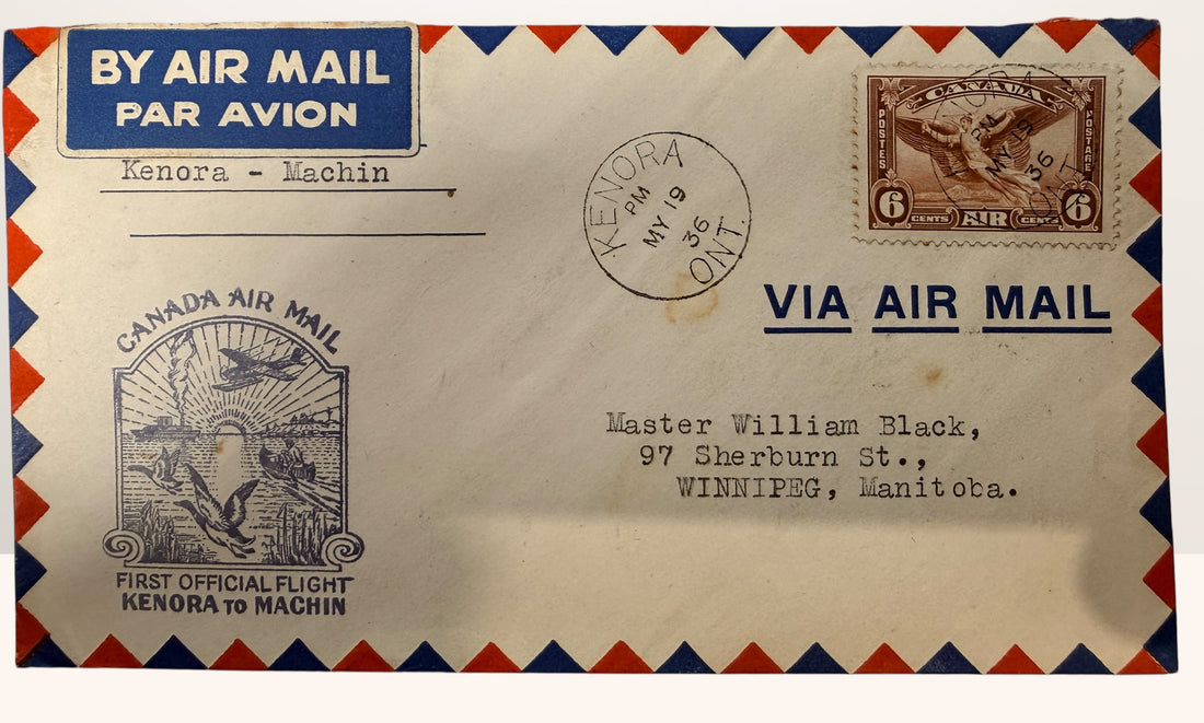 Set of three sealed 1930s Canadian first flight airmail covers, Ontario aviation postal history collectibles with original stamps, cancels and cachets.