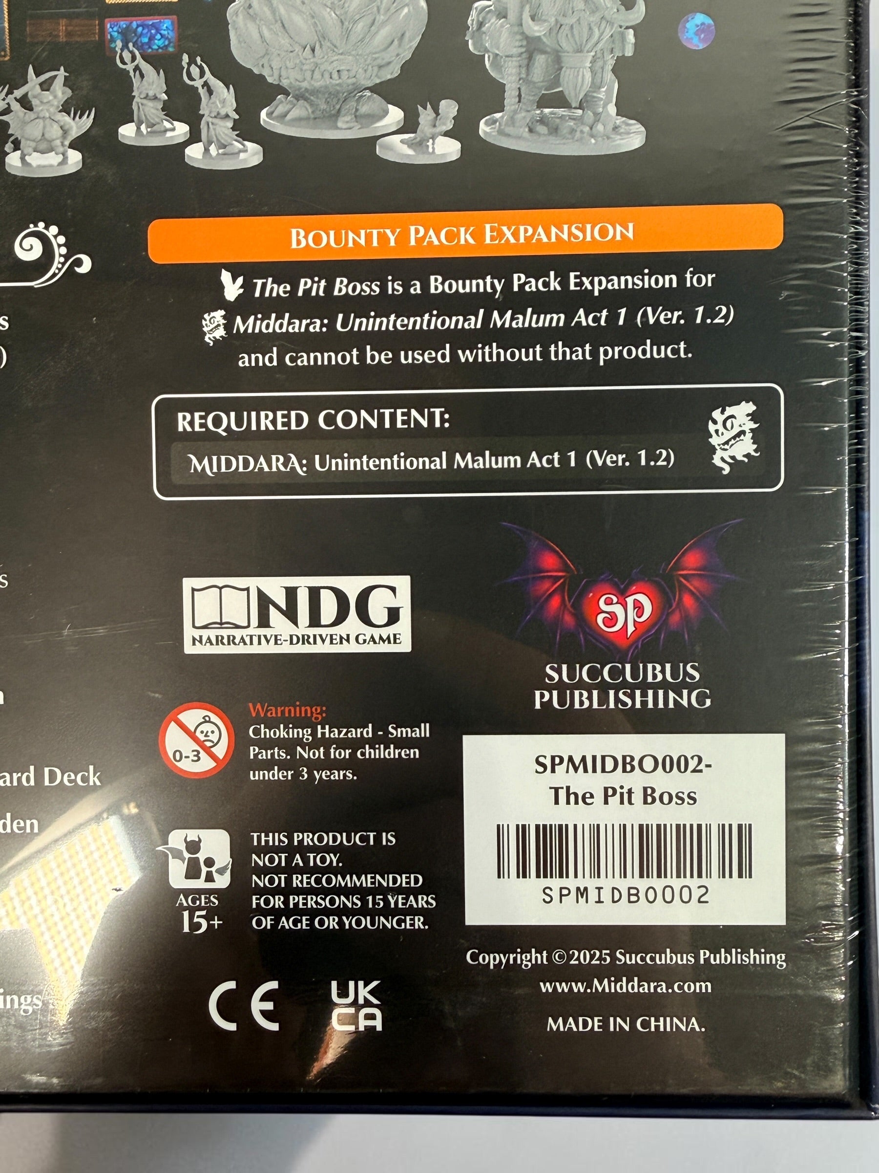 Factory-sealed Middara The Pit Boss Bounties of Elenia expansion by Succubus Publishing, with 15 miniatures, cards and tokens. New and sealed.
