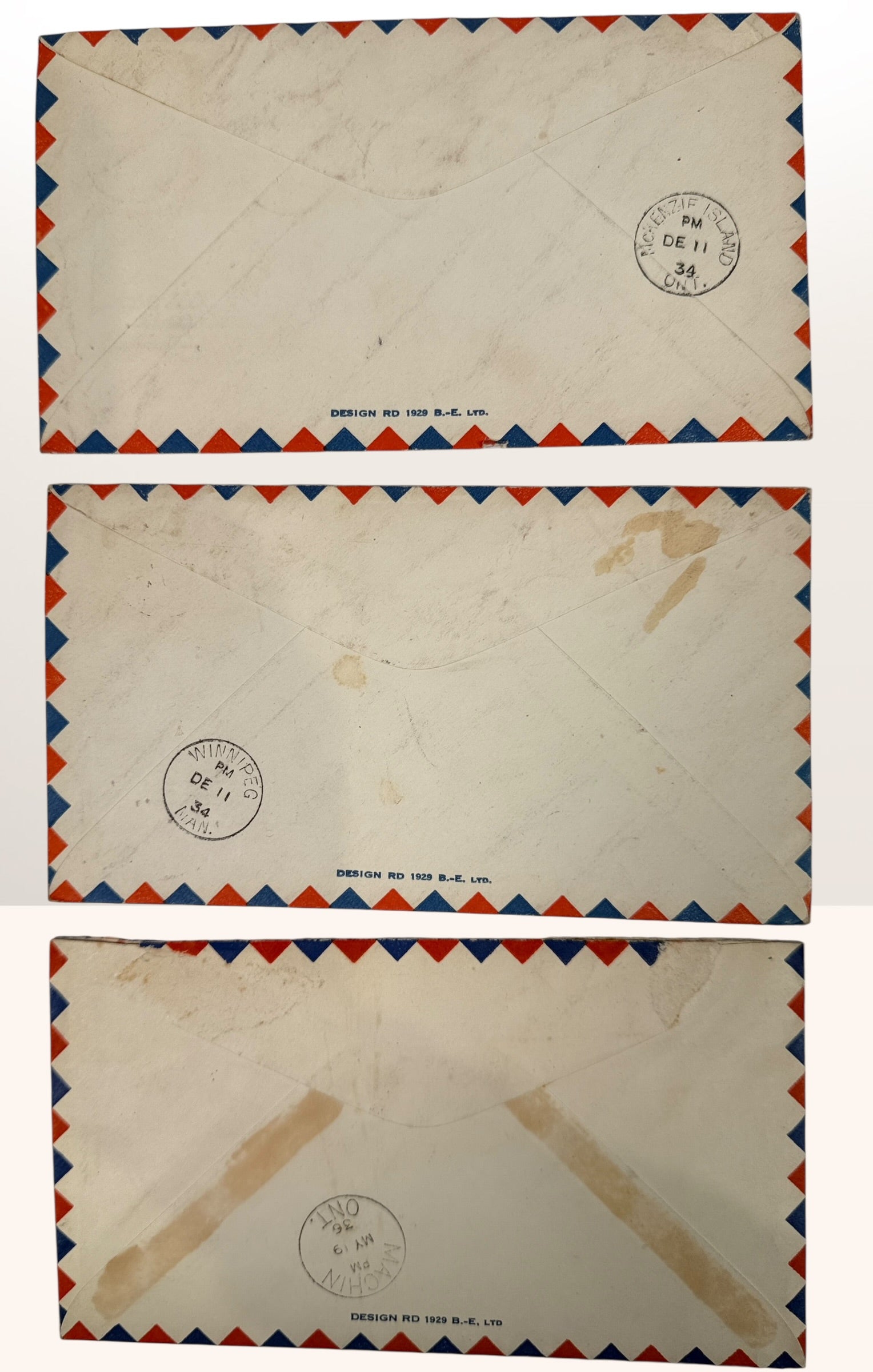 1934–1936 Canadian First Flight Airmail Covers, Ontario Routes, Set Of Three.