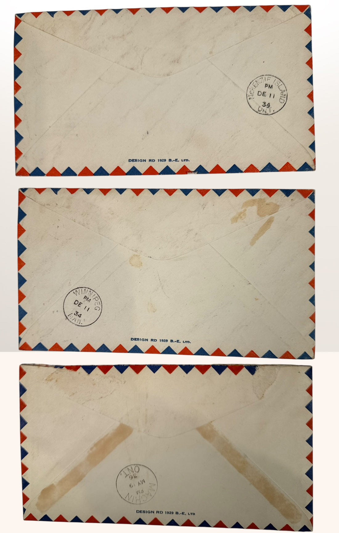 1934–1936 Canadian First Flight Airmail Covers, Ontario Routes, Set Of Three.