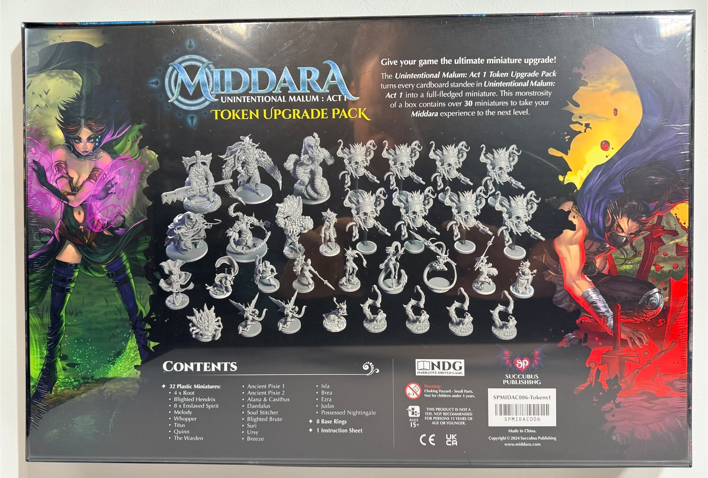 Middara Act 1 Token Upgrade Pack by Succubus Publishing with 32 plastic miniatures and 8 base rings. Factory sealed with damaged shrink wrap.