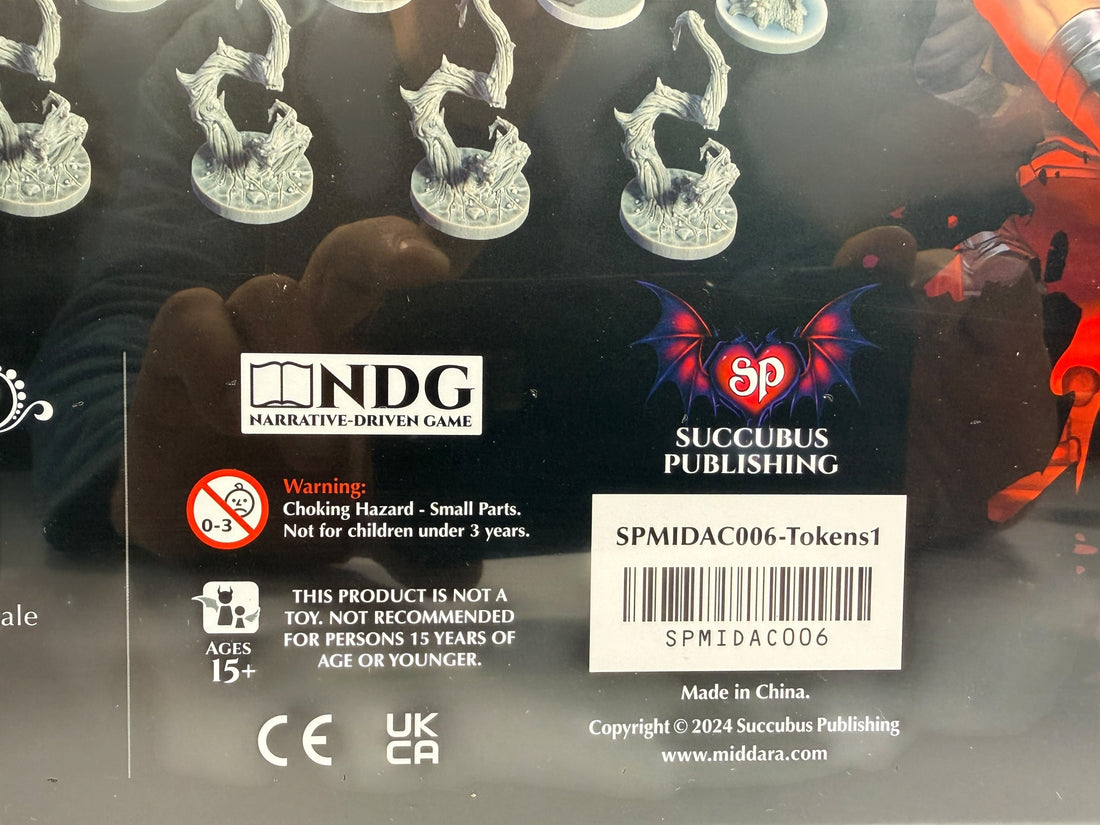 Middara Act 1 Token Upgrade Pack by Succubus Publishing with 32 plastic miniatures and 8 base rings. Factory sealed with damaged shrink wrap.