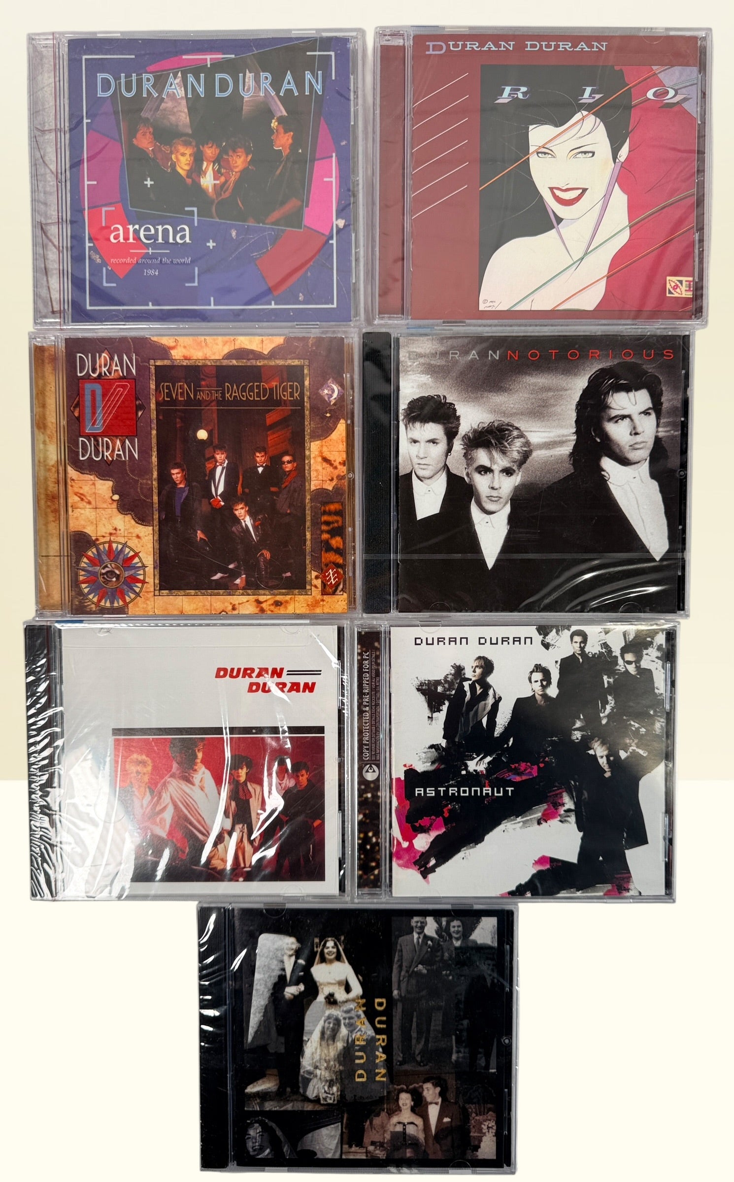 Factory sealed Duran Duran 7 CD album lot including Rio, Arena, Seven and the Ragged Tiger and more. New wave pop collection bundle.