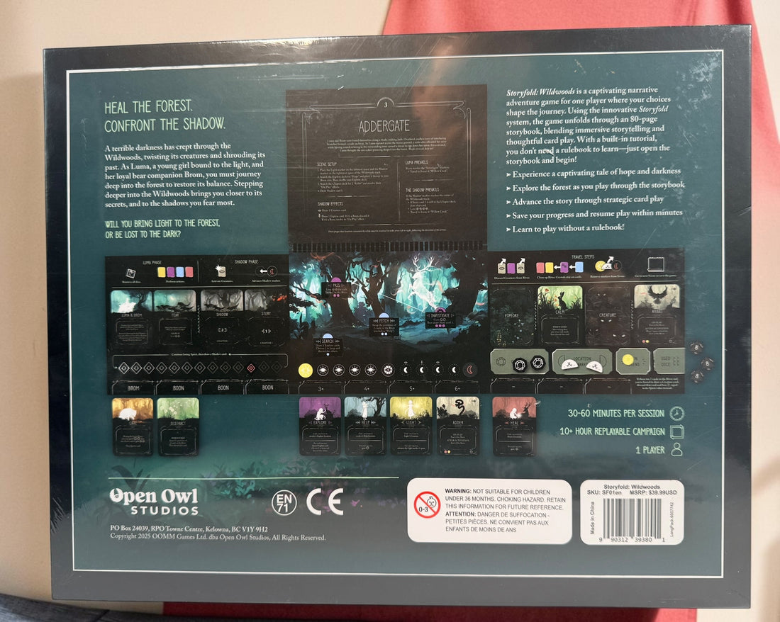 Storyfold: Wildwoods sealed solo board game bundle with resin dice, neoprene playmat, enamel pins and Kickstarter Exclusive Pack by Open Owl Studios.