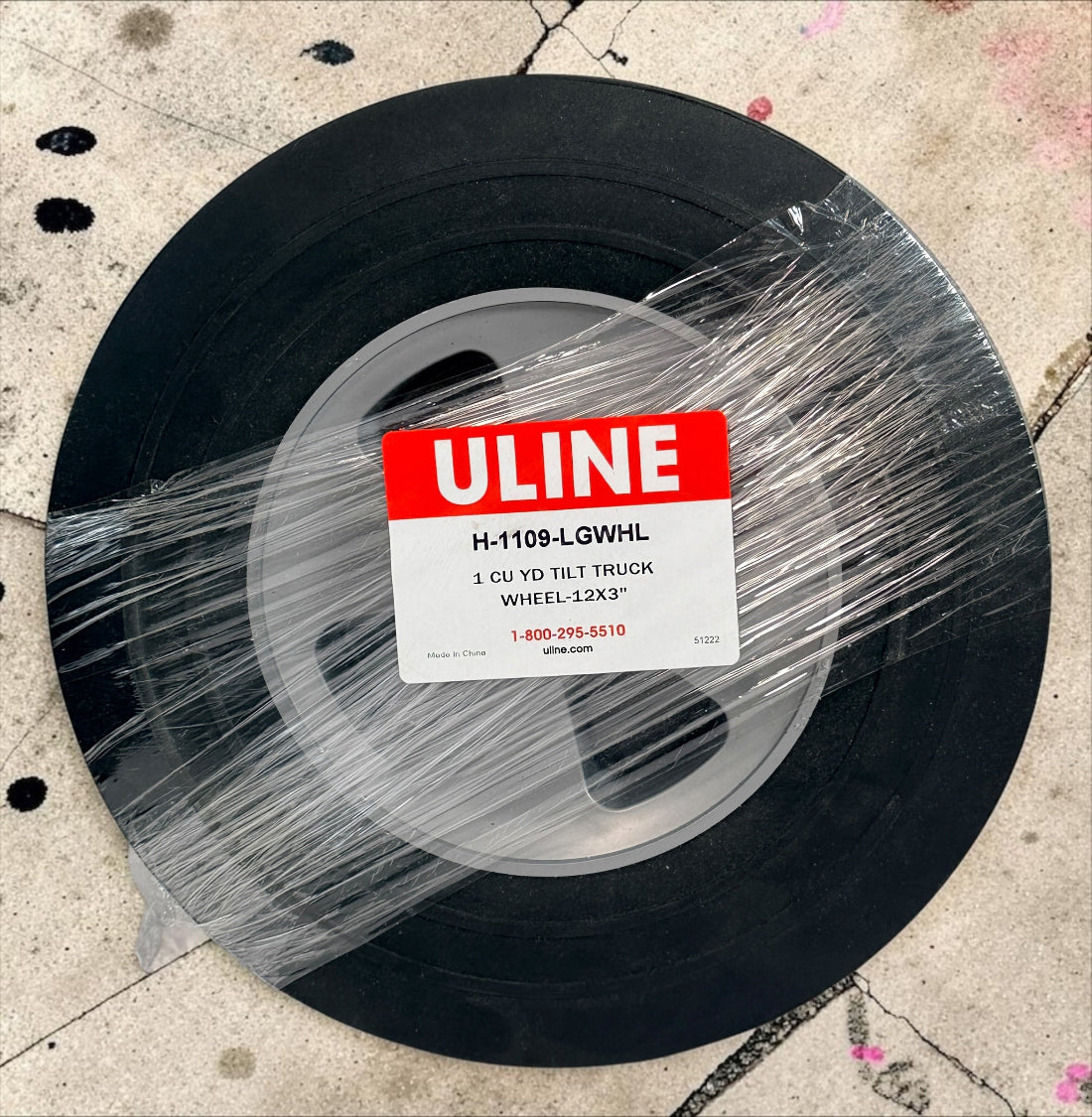 Uline H-1109-LGWHL 12” x 3” replacement wheel for 1 cu. yd. utility tilt trucks. Unused old stock, made in China. Commercial-grade replacement part.
