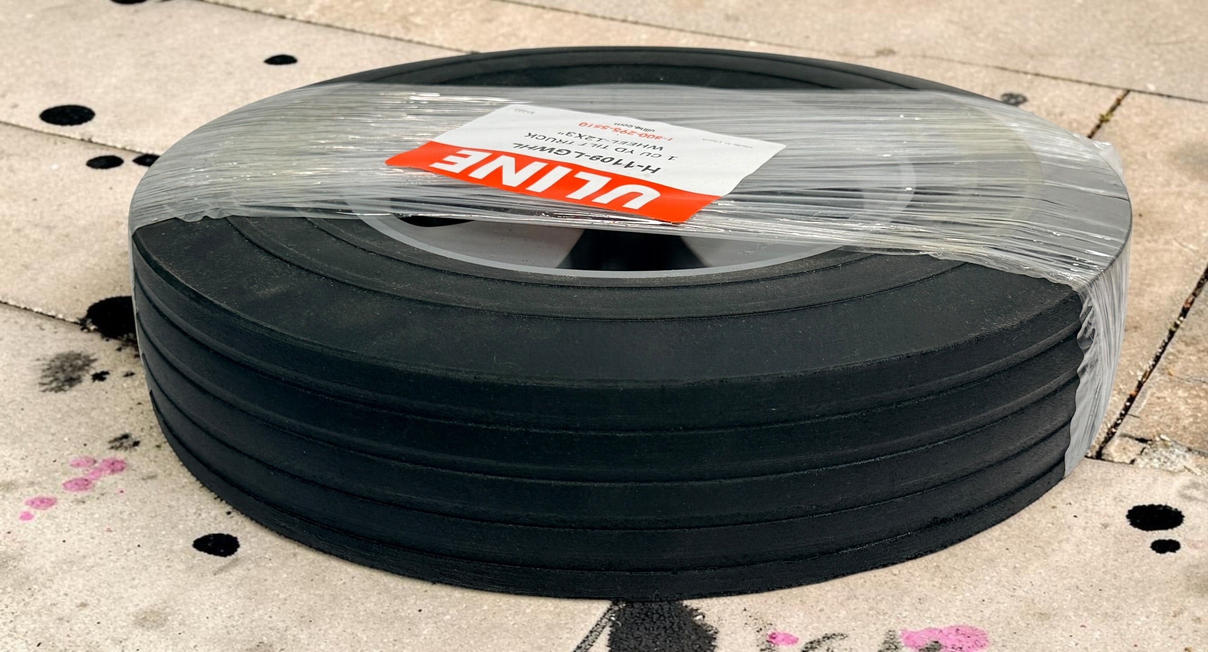 Uline H-1109-LGWHL 12” x 3” replacement wheel for 1 cu. yd. utility tilt trucks. Unused old stock, made in China. Commercial-grade replacement part.
