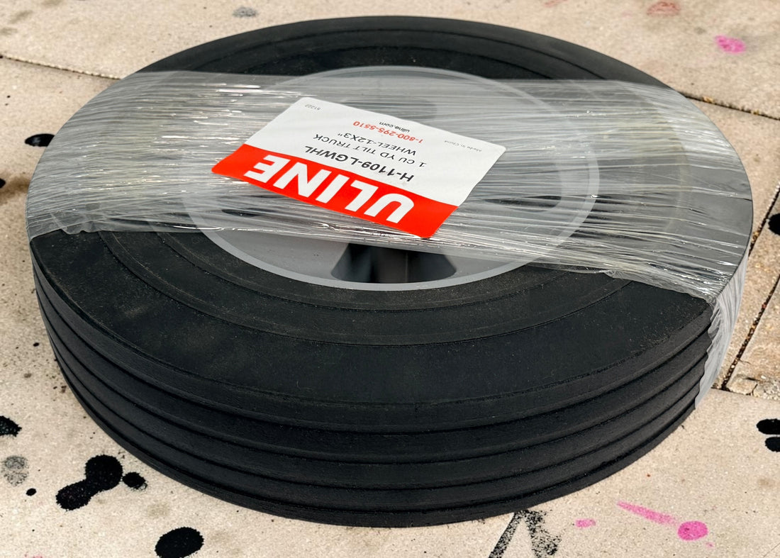 Uline H-1109-LGWHL 12” x 3” replacement wheel for 1 cu. yd. utility tilt trucks. Unused old stock, made in China. Commercial-grade replacement part.