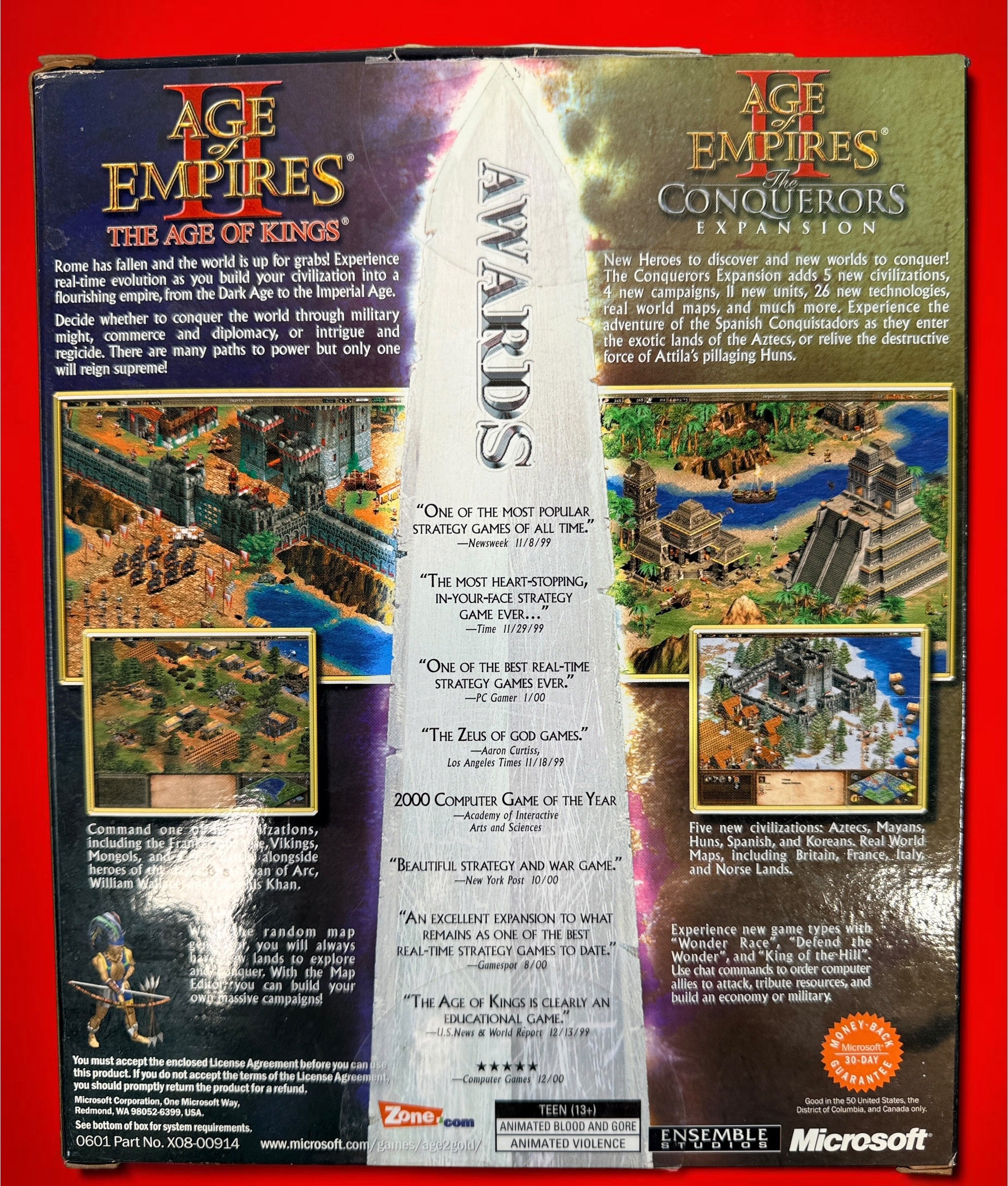 Age of Empires II Gold Edition 2001 PC big box with Age of Kings, Conquerors Expansion, 2-CD set and original printed materials.