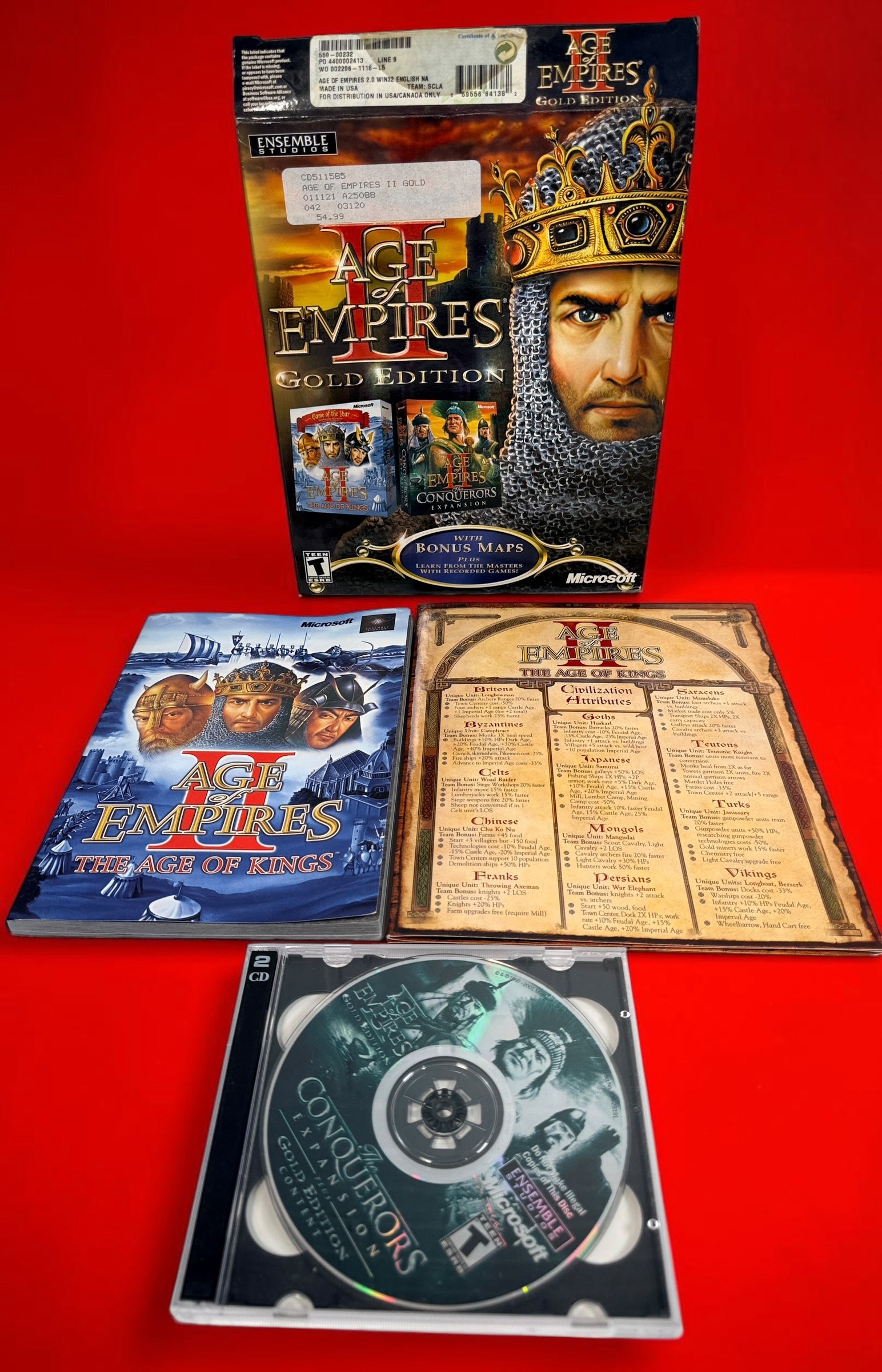 Age of Empires II Gold Edition 2001 PC big box with Age of Kings, Conquerors Expansion, 2-CD set and original printed materials.