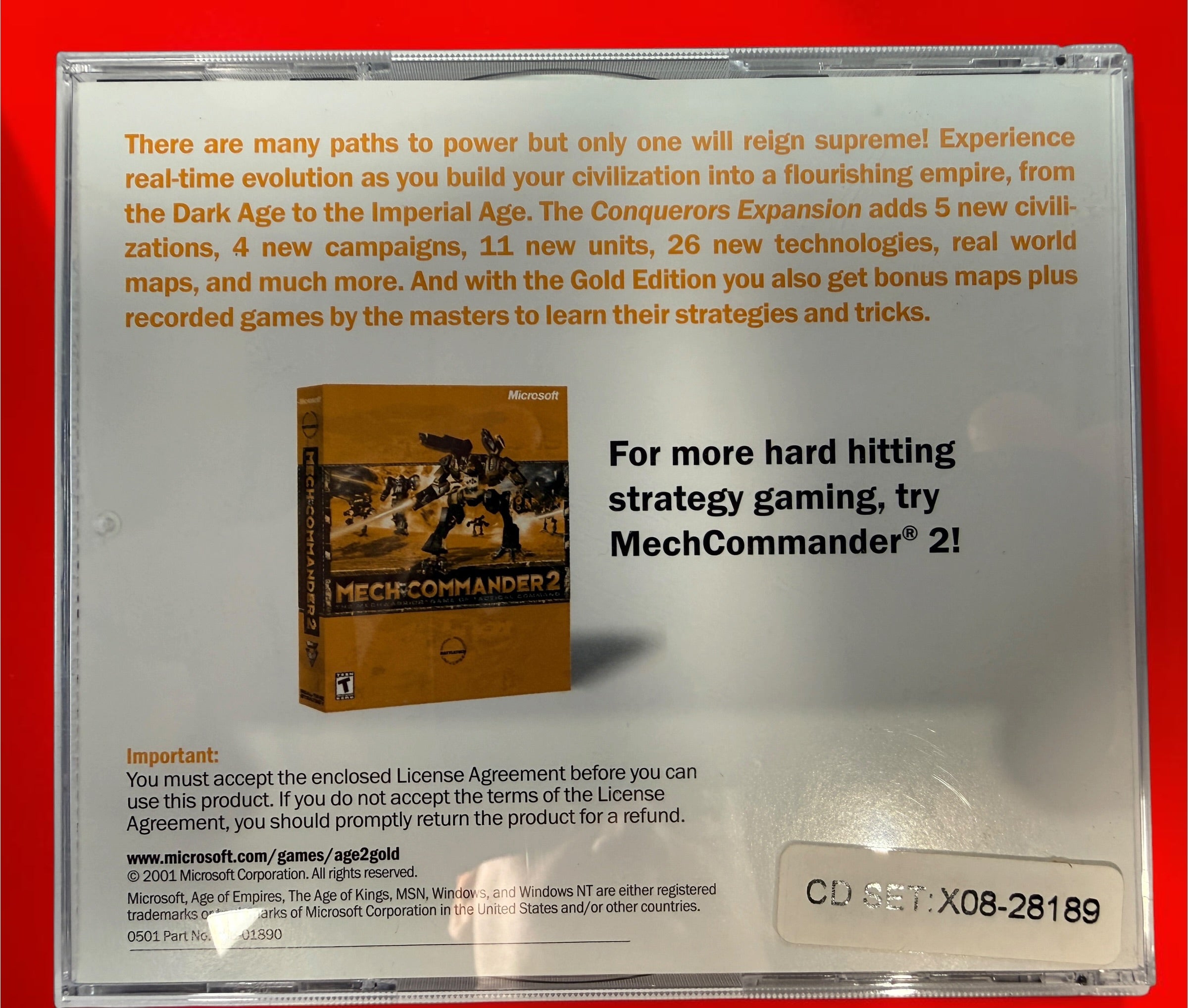 Age of Empires II Gold Edition 2001 PC big box with Age of Kings, Conquerors Expansion, 2-CD set and original printed materials.