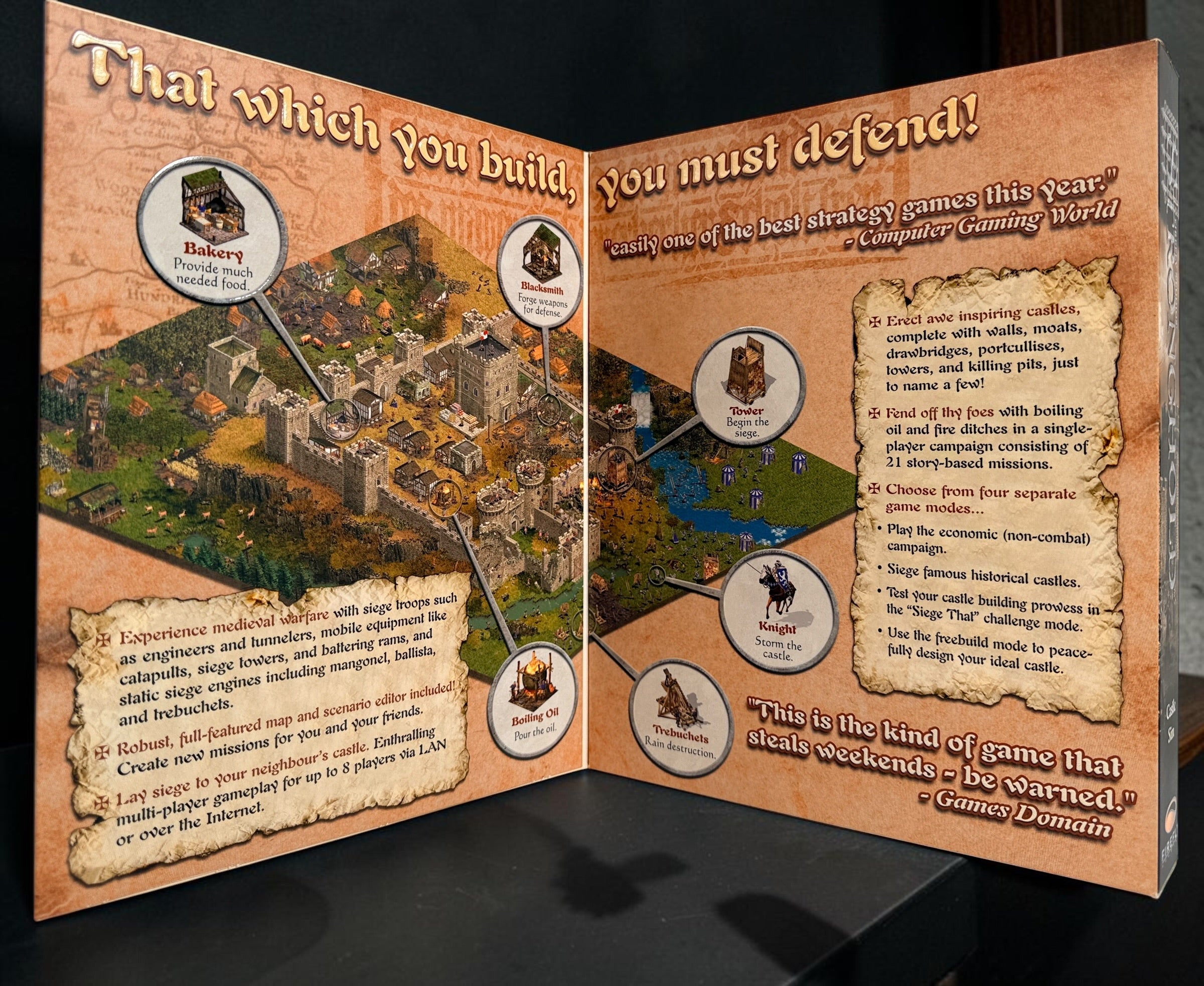 Stronghold PC 2001 original Firefly Studios big-box edition with CD-ROM and manual. Classic medieval castle-building strategy game.