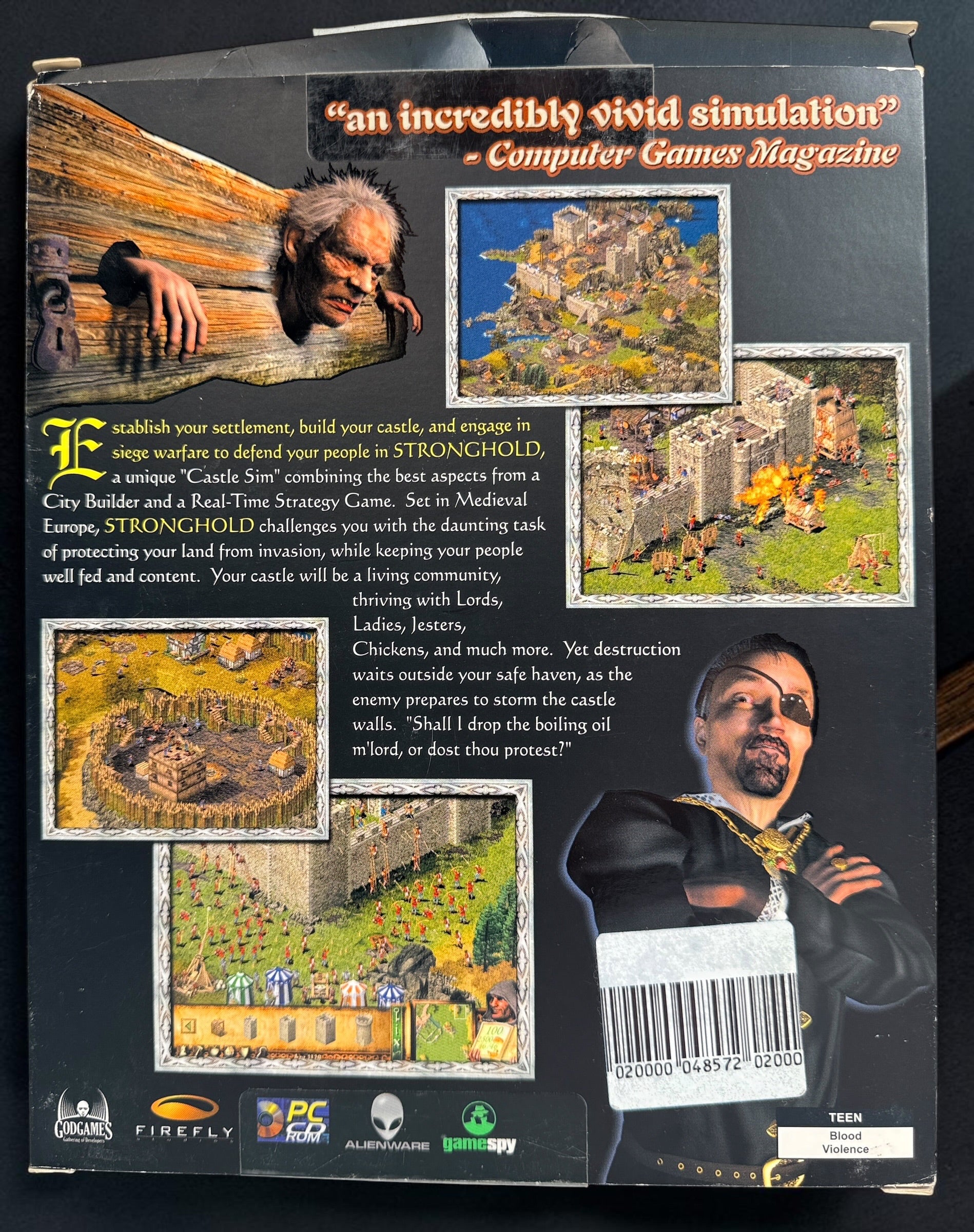 Stronghold PC 2001 original Firefly Studios big-box edition with CD-ROM and manual. Classic medieval castle-building strategy game.