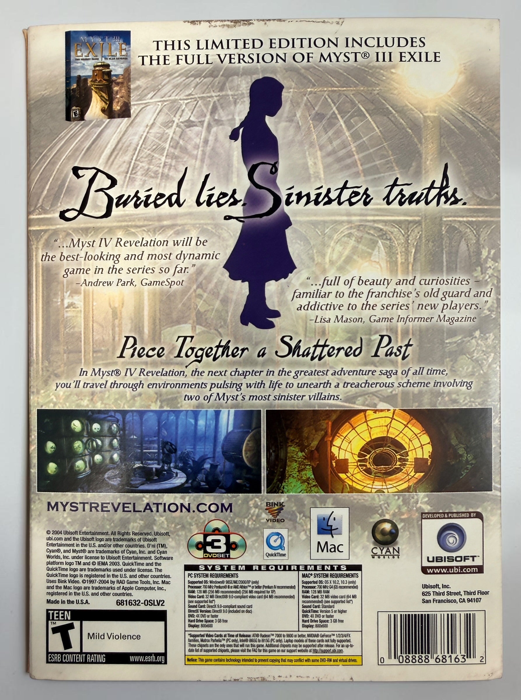 2004 Myst IV: Revelation Limited Edition for PC/Mac with Myst III: Exile, 3 discs and original packaging. Classic Ubisoft adventure game set.