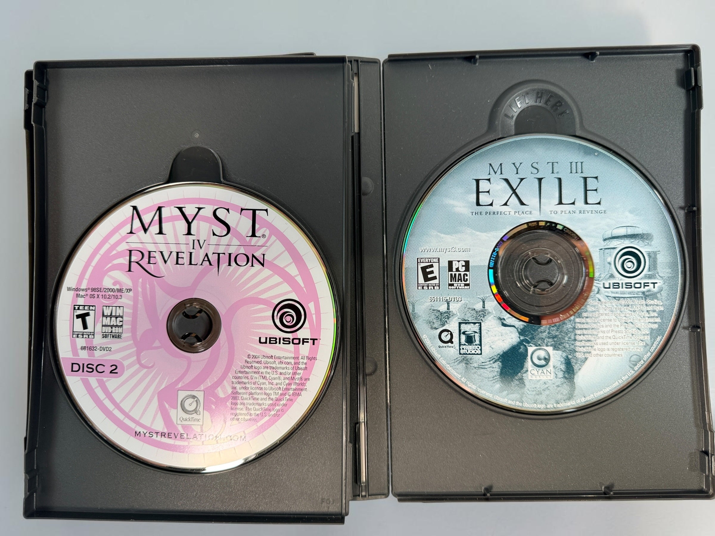 2004 Myst IV: Revelation Limited Edition for PC/Mac with Myst III: Exile, 3 discs and original packaging. Classic Ubisoft adventure game set.