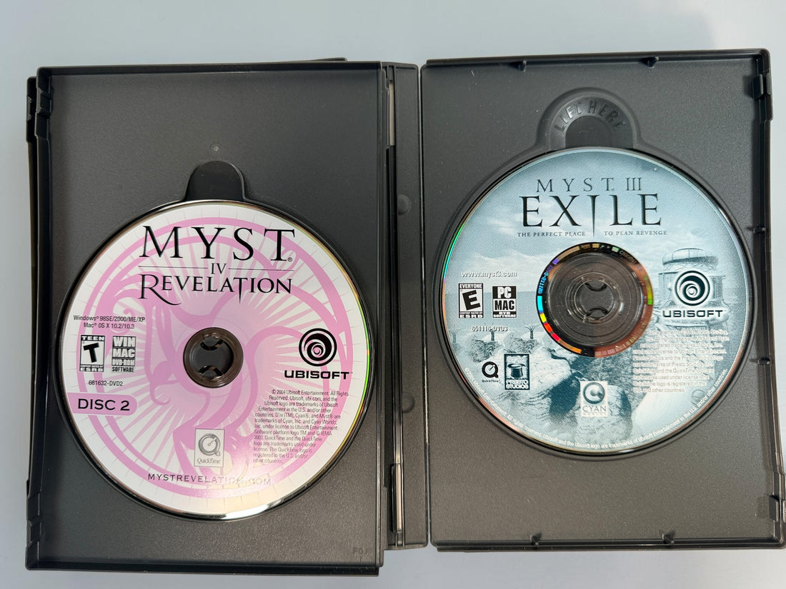 2004 Myst IV: Revelation Limited Edition for PC/Mac with Myst III: Exile, 3 discs and original packaging. Classic Ubisoft adventure game set.