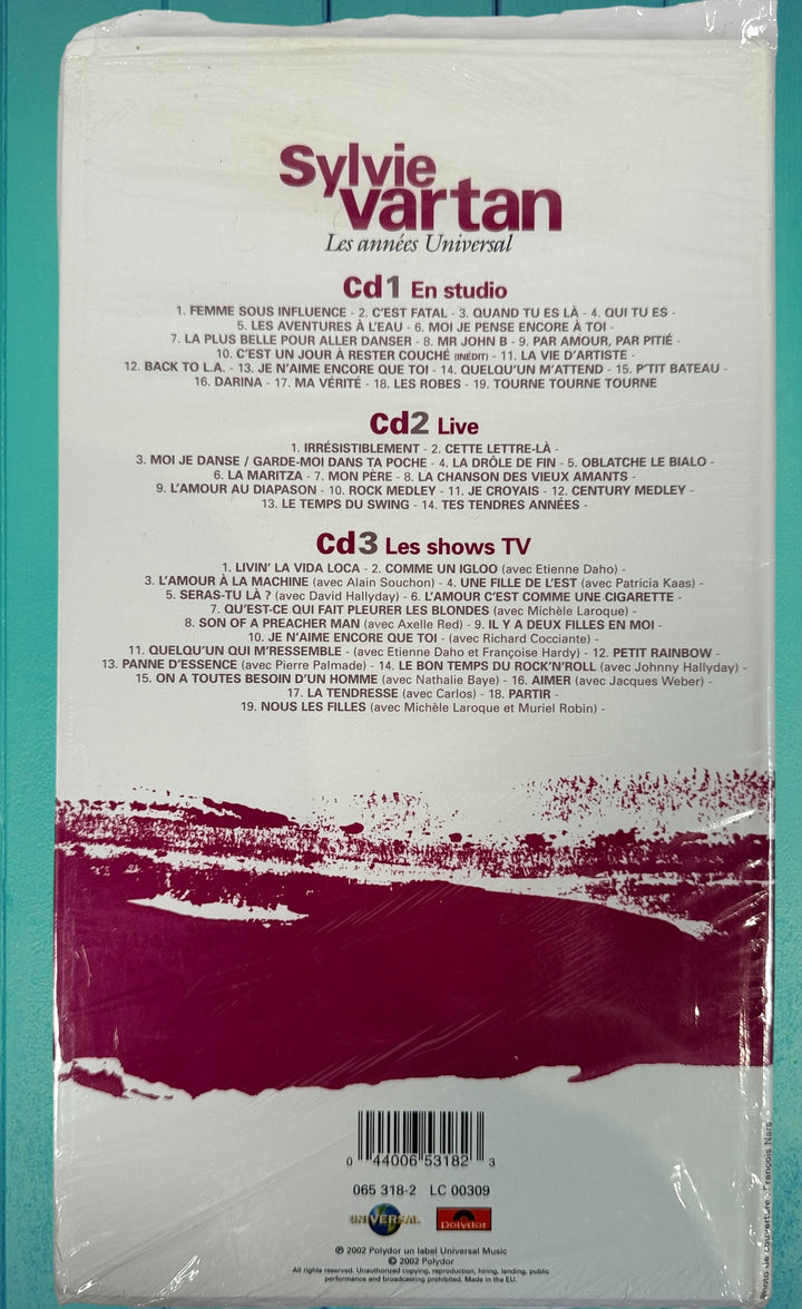 Sealed Sylvie Vartan Les Années Universal Longbox 3CD collector set with rare photos and remastered tracks, deluxe French pop retrospective edition.
