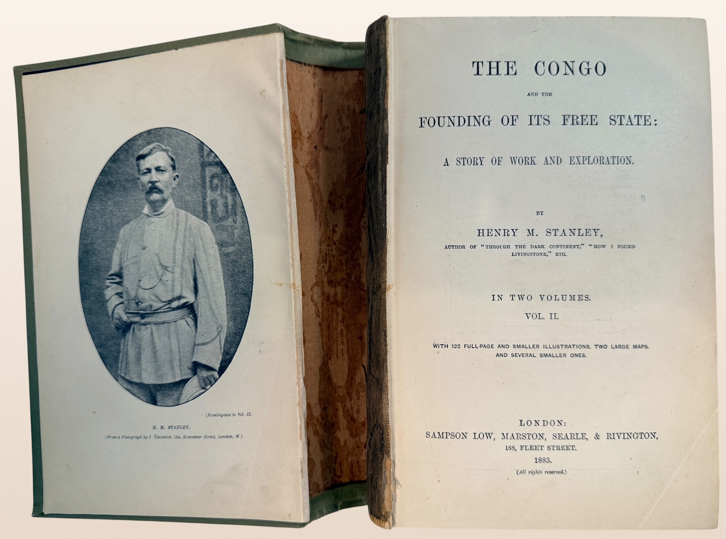 1885 first London edition of Henry M. Stanley’s The Congo, Vol. II, with original illustrated cloth binding, engravings and folding map.