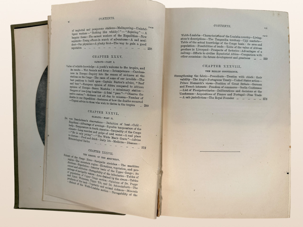 1885 first London edition of Henry M. Stanley’s The Congo, Vol. II, with original illustrated cloth binding, engravings and folding map.