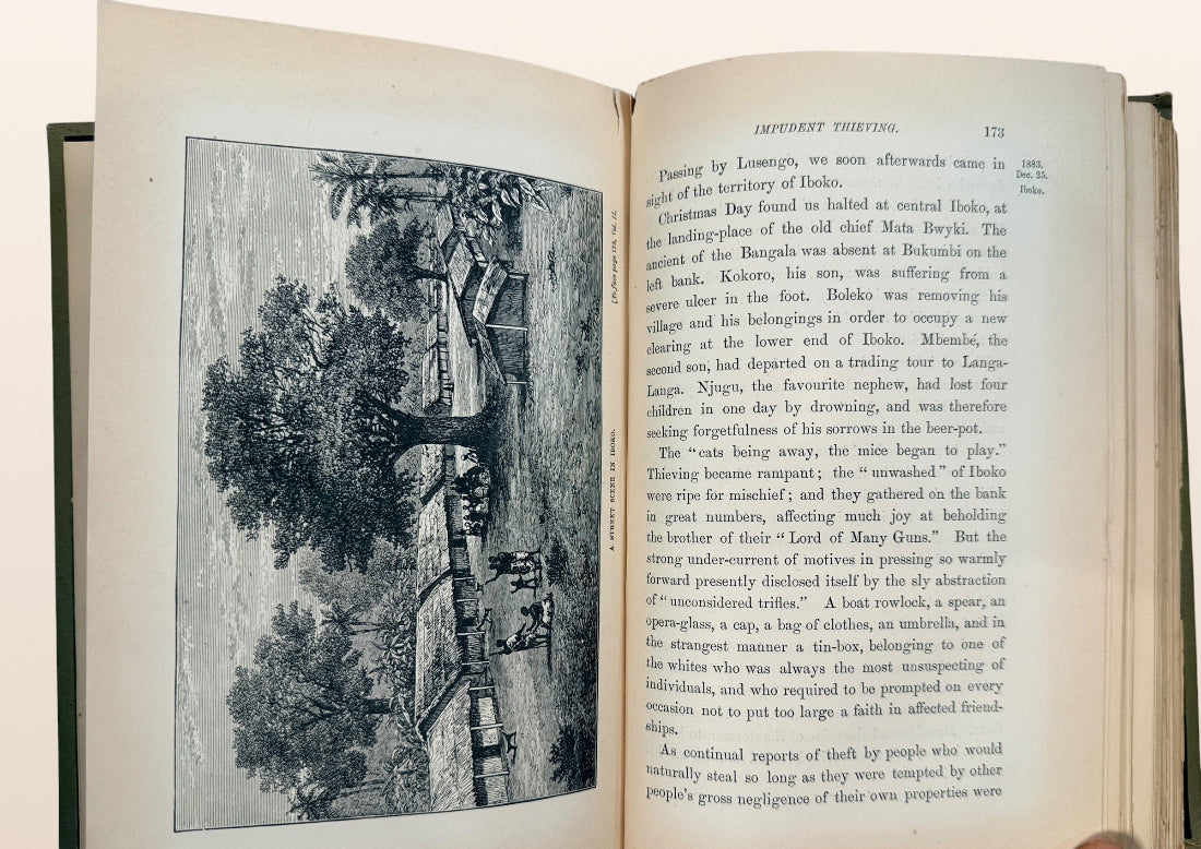 1885 first London edition of Henry M. Stanley’s The Congo, Vol. II, with original illustrated cloth binding, engravings and folding map.